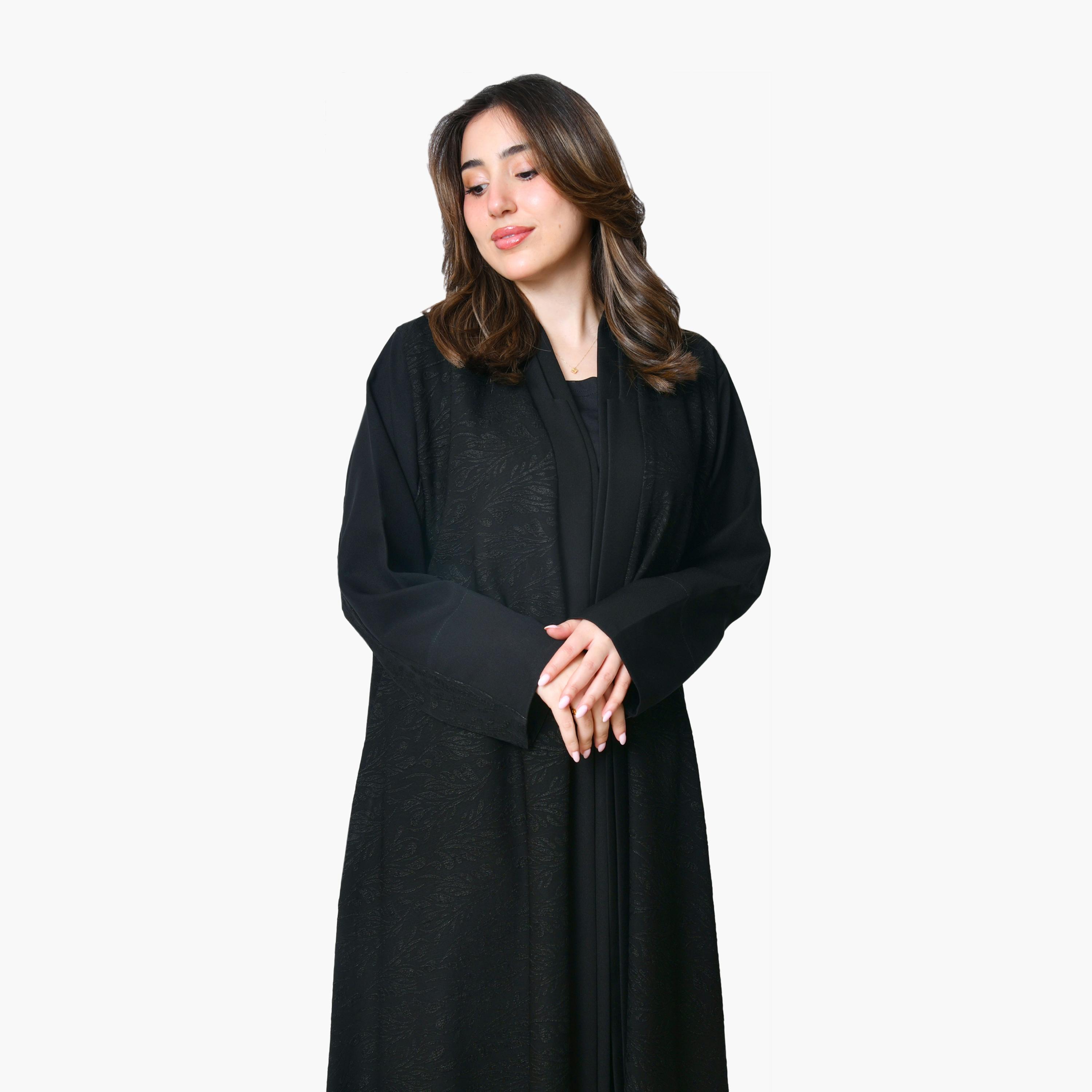 Oya Abaya Black Leaf Jacquard Linen Women's Abaya-women-arabicclothing-abayas-image-2