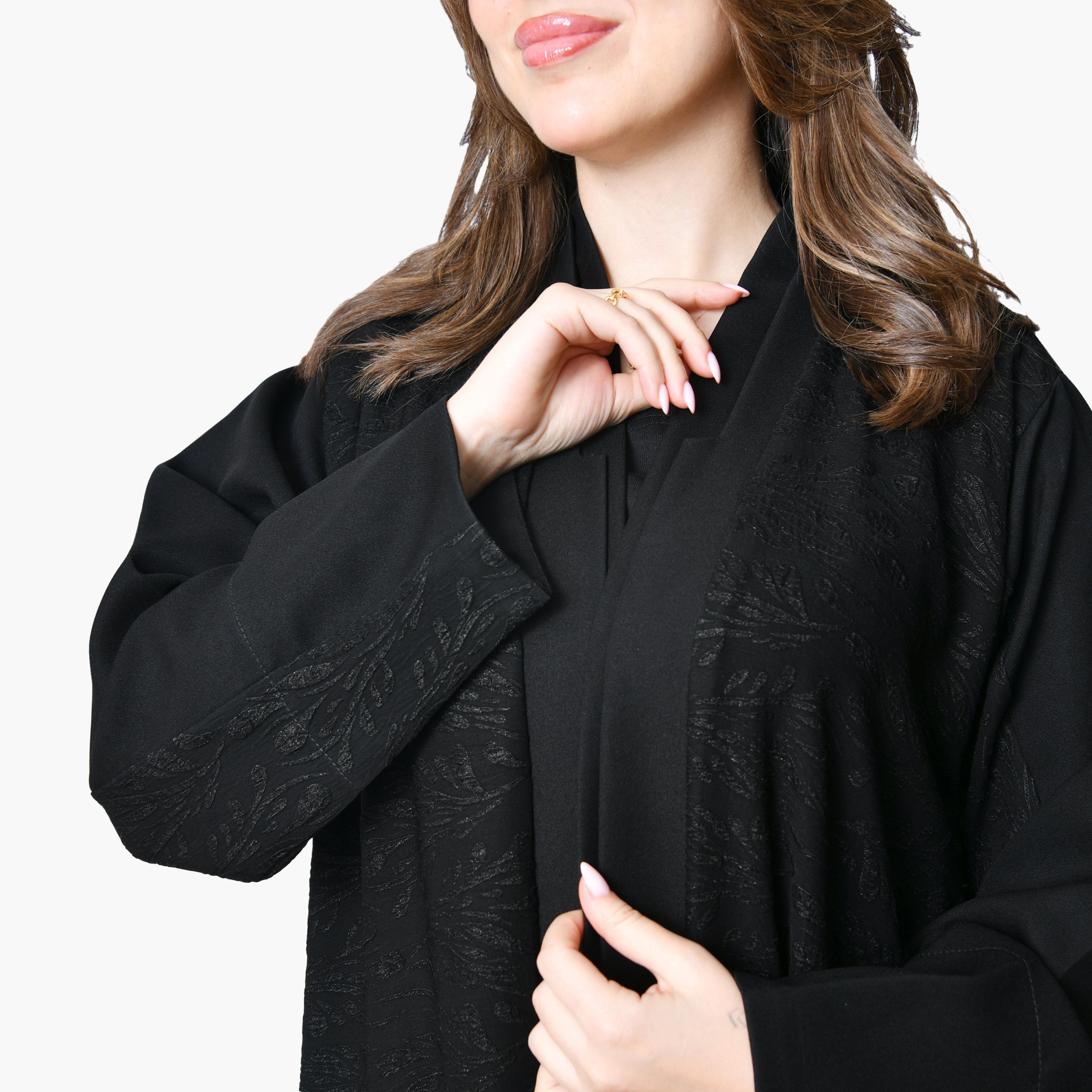 Oya Abaya Black Leaf Jacquard Linen Women's Abaya-women-arabicclothing-abayas-image-3