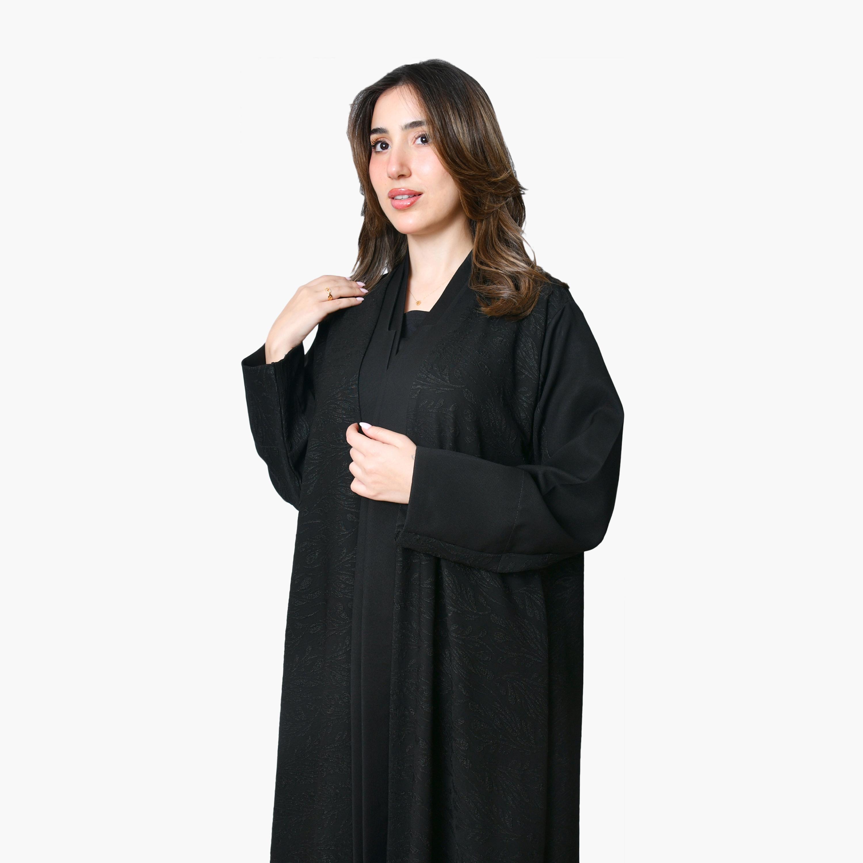 Oya Abaya Black Leaf Jacquard Linen Women's Abaya-women-arabicclothing-abayas-image-4
