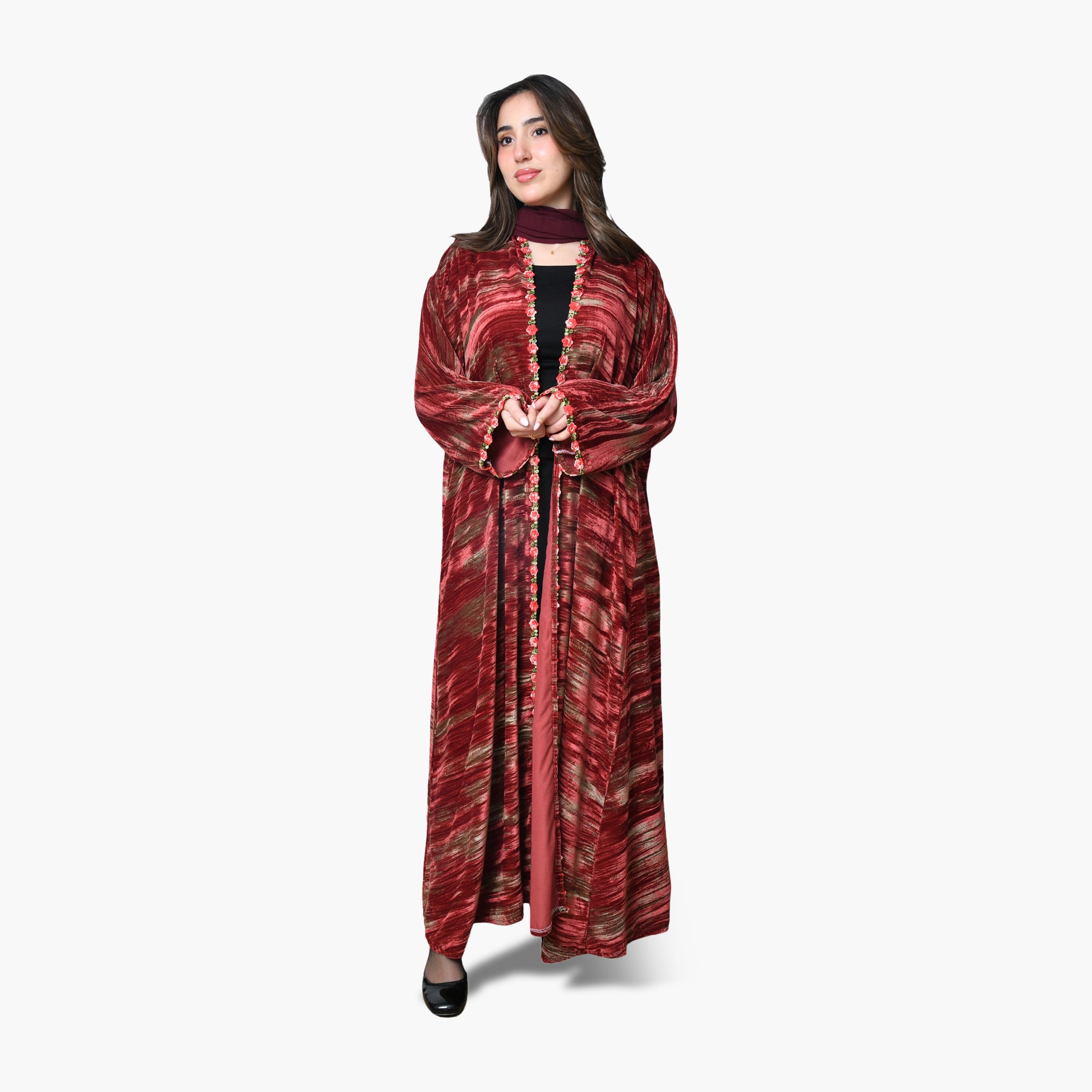 Oya Abaya Red Textured Wide Sleeves Velvet Women's Abaya with Scarf-women-arabicclothing-abayas-image-1