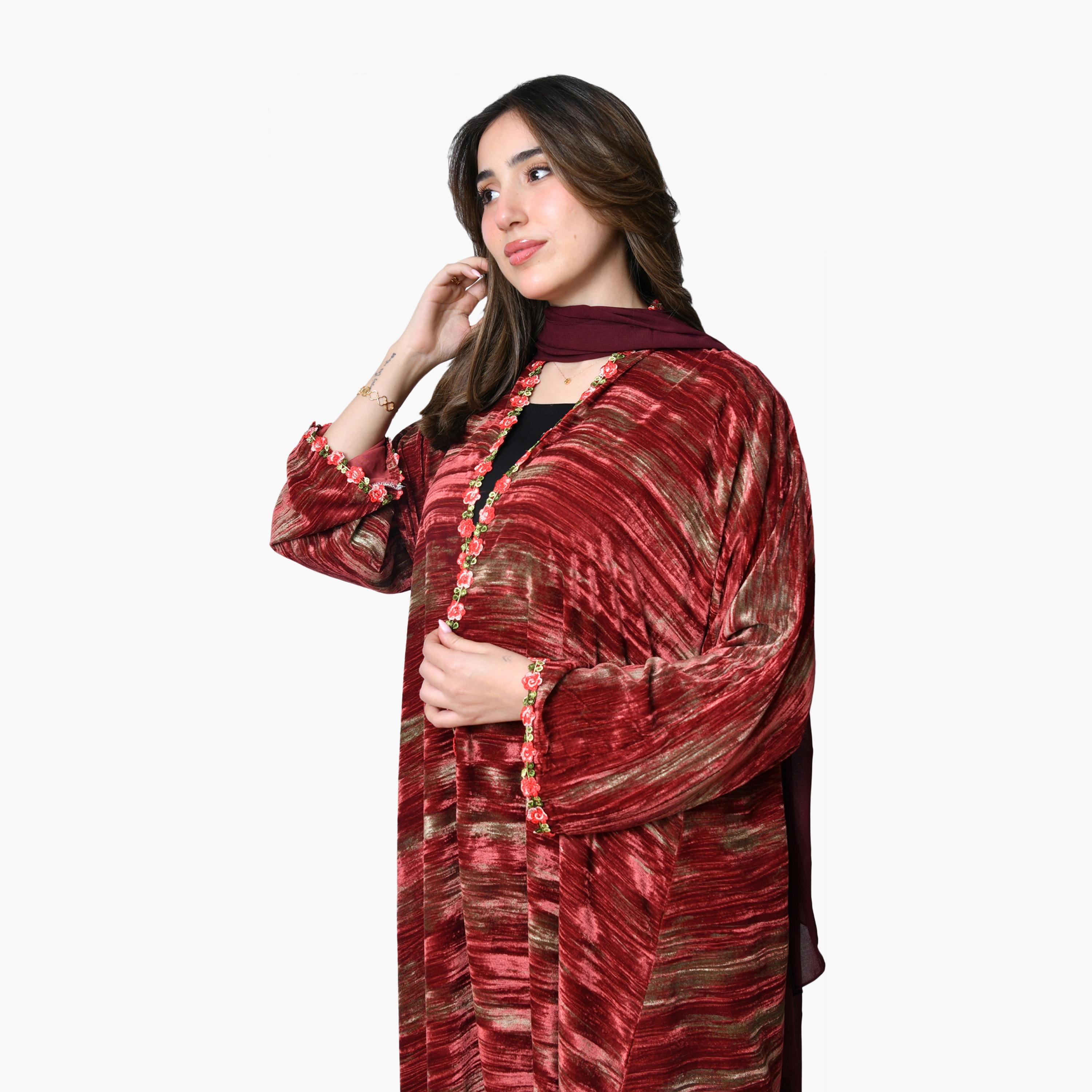 Oya Abaya Red Textured Wide Sleeves Velvet Women's Abaya with Scarf-women-arabicclothing-abayas-image-2