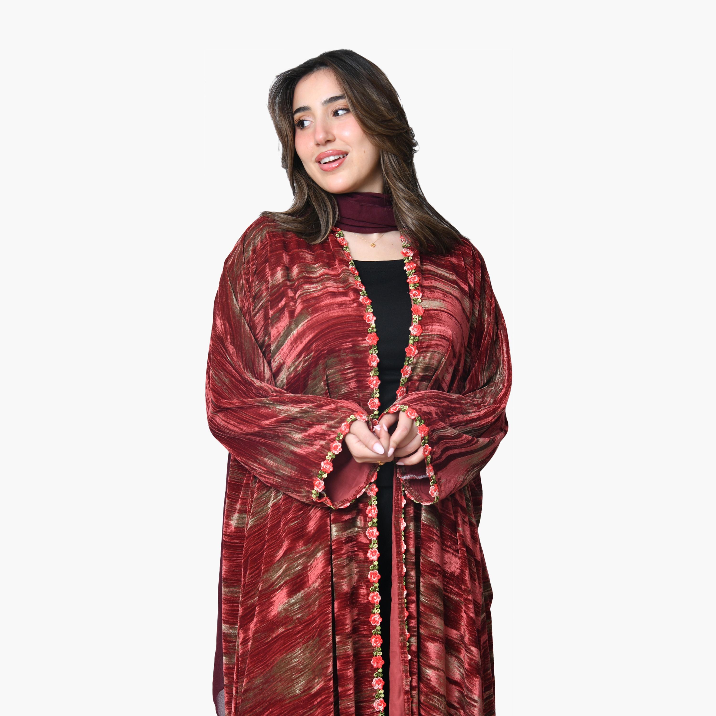 Oya Abaya Red Textured Wide Sleeves Velvet Women's Abaya with Scarf-women-arabicclothing-abayas-image-3