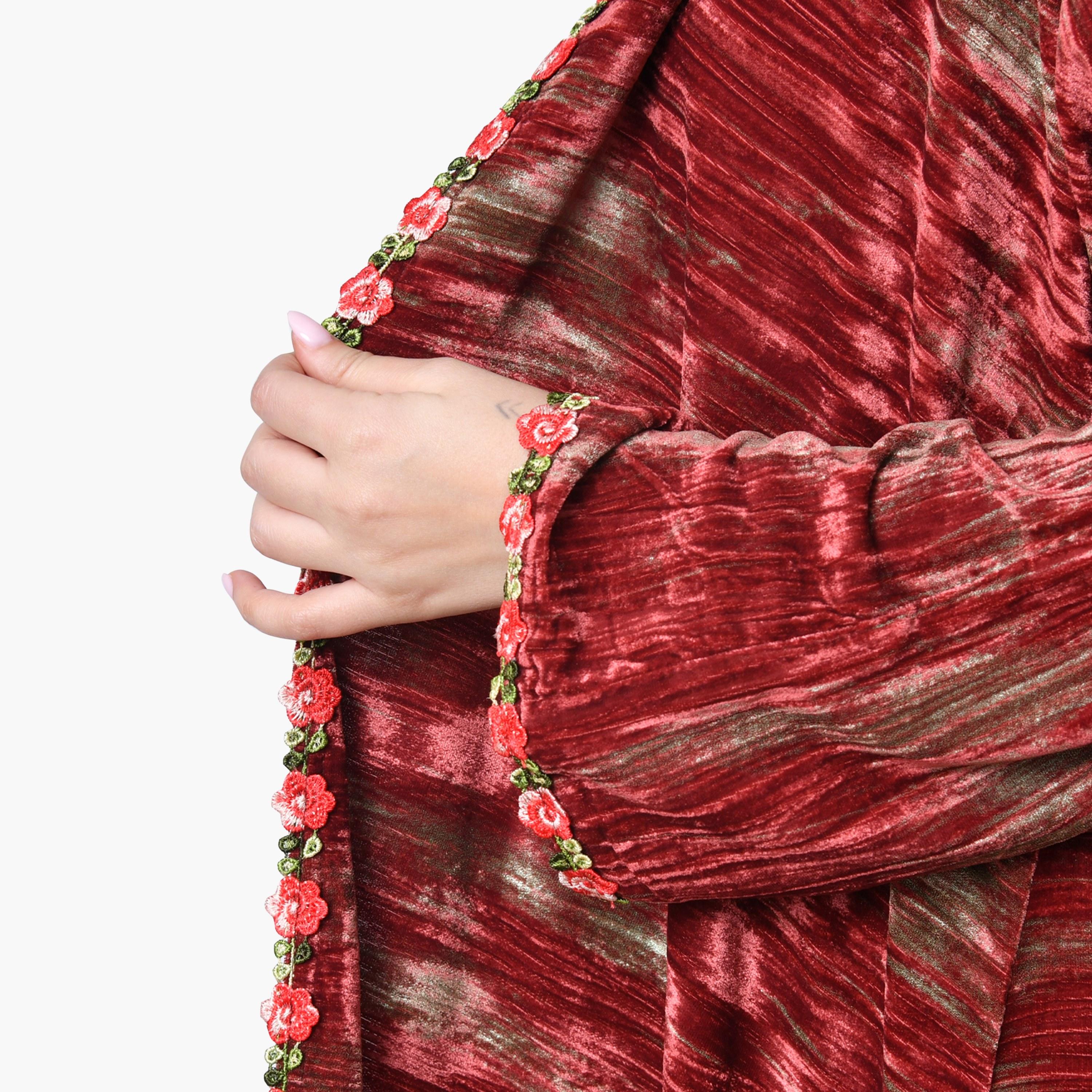 Oya Abaya Red Textured Wide Sleeves Velvet Women's Abaya with Scarf-women-arabicclothing-abayas-image-4