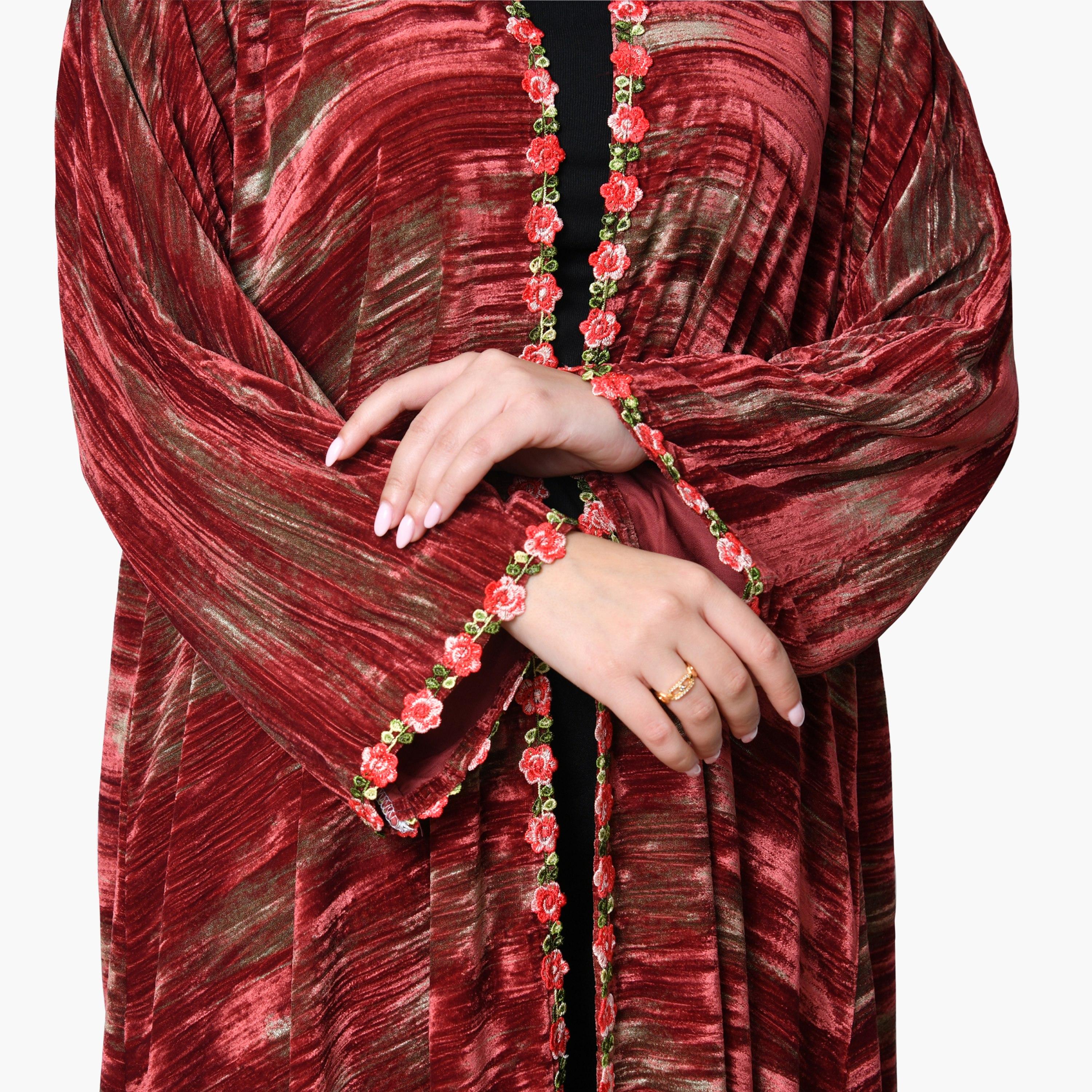 Oya Abaya Red Textured Wide Sleeves Velvet Women's Abaya with Scarf-women-arabicclothing-abayas-image-5