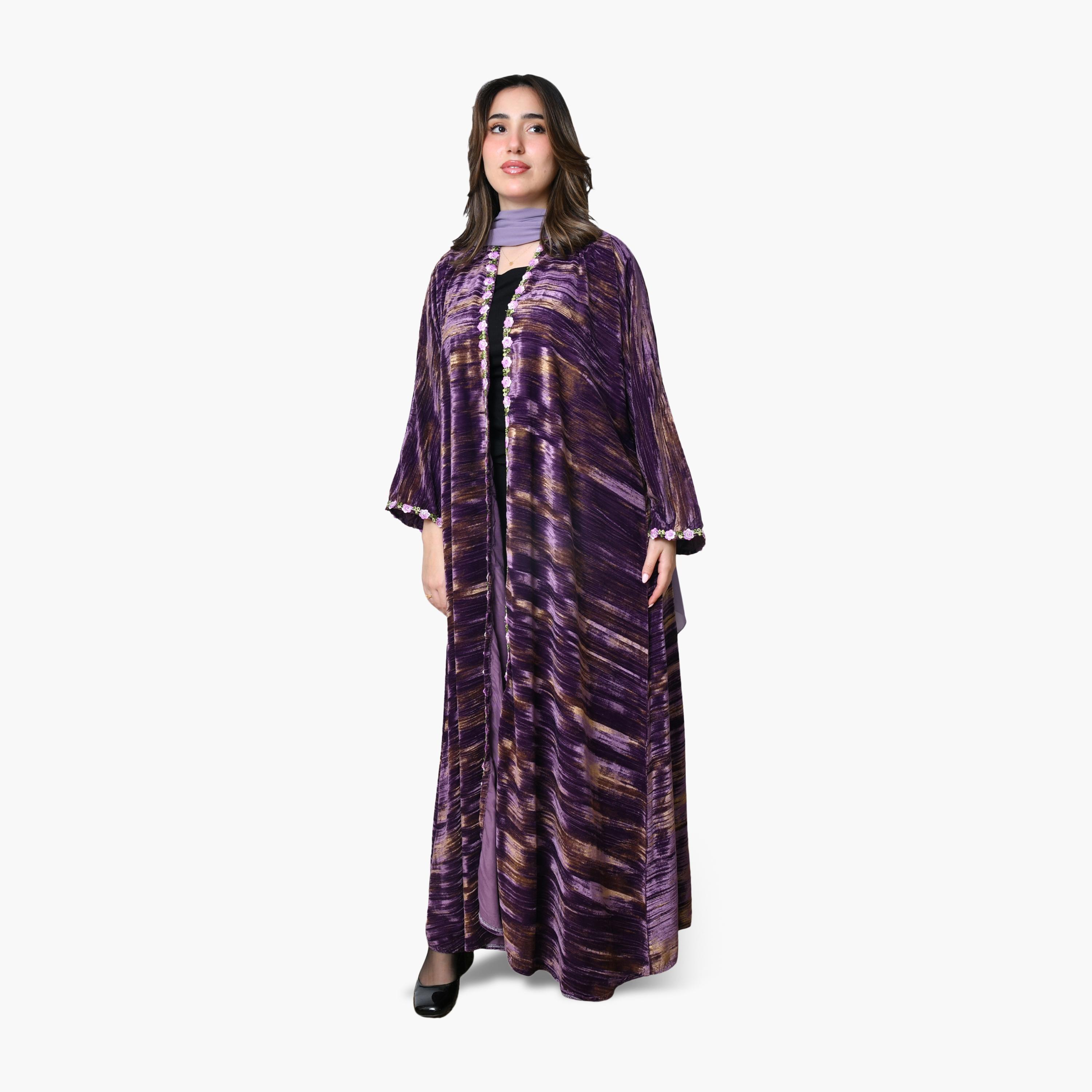 Oya Abaya Purple Textured Wide Sleeves Velvet Women's Abaya with Scarf-women-arabicclothing-abayas-image-1