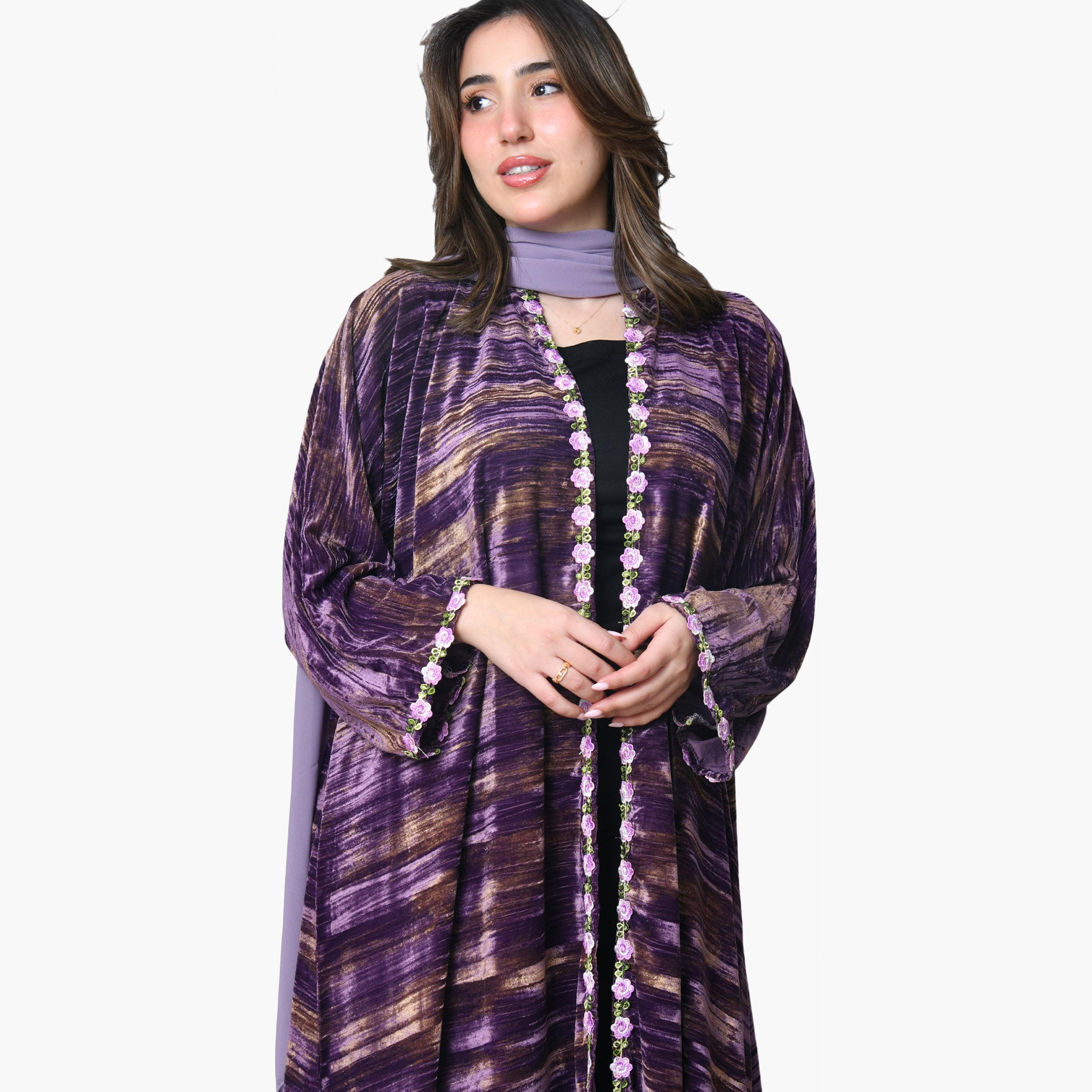 Oya Abaya Purple Textured Wide Sleeves Velvet Women's Abaya with Scarf-women-arabicclothing-abayas-image-2