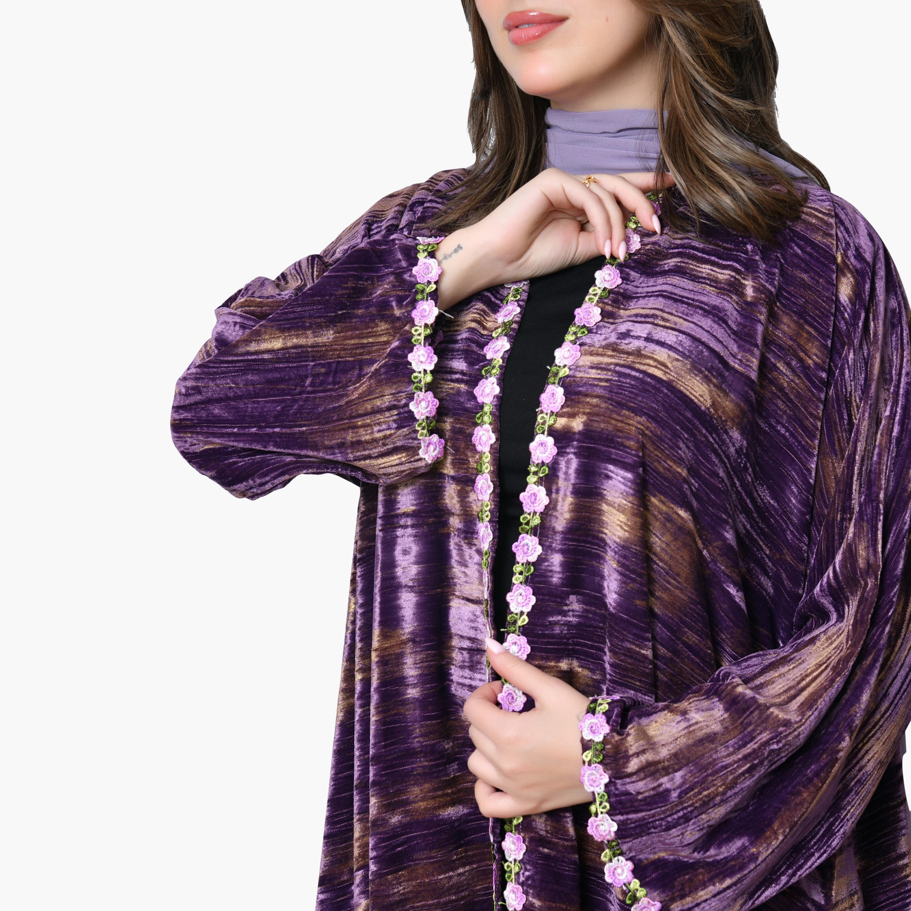 Oya Abaya Purple Textured Wide Sleeves Velvet Women's Abaya with Scarf-women-arabicclothing-abayas-image-3