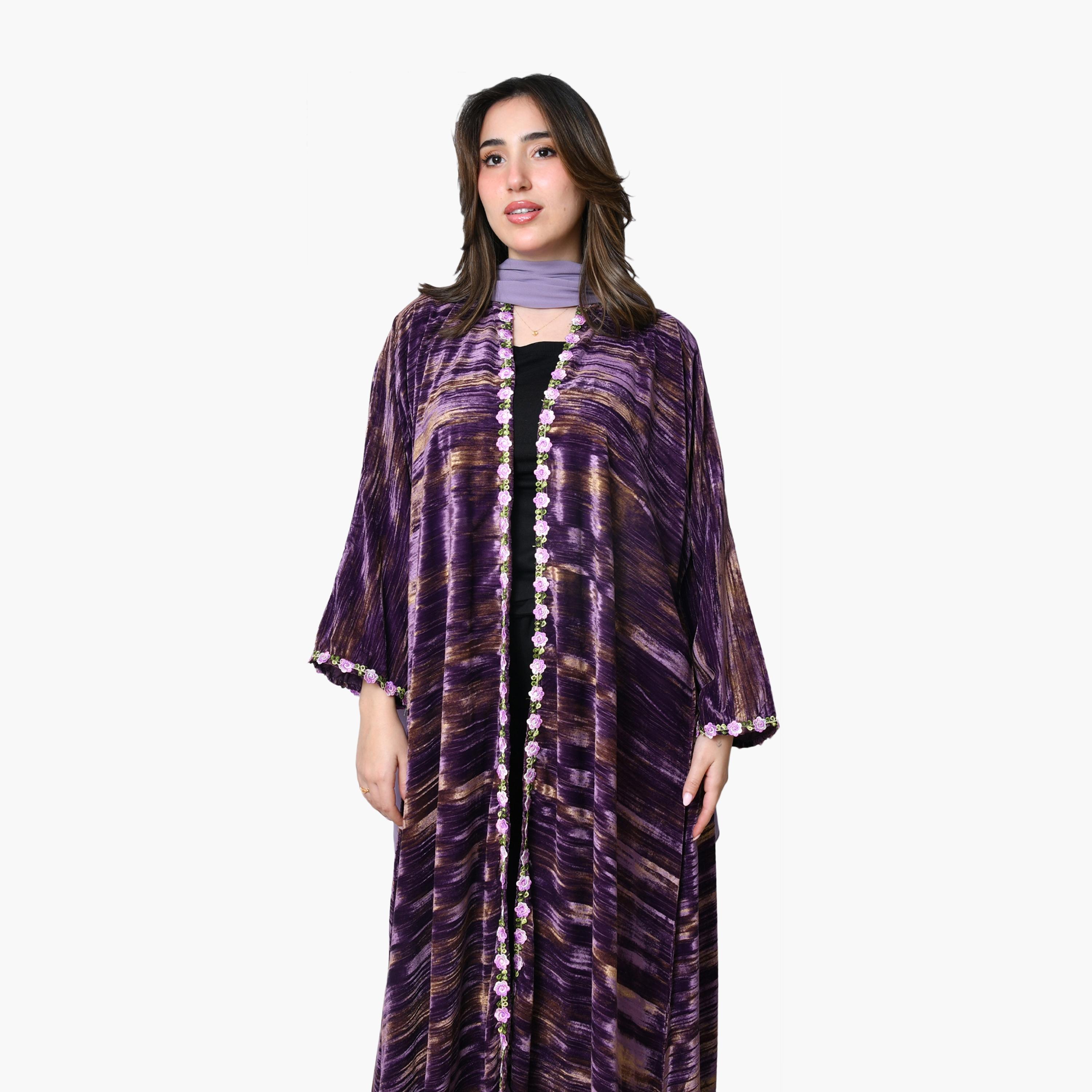 Oya Abaya Purple Textured Wide Sleeves Velvet Women's Abaya with Scarf-women-arabicclothing-abayas-image-4