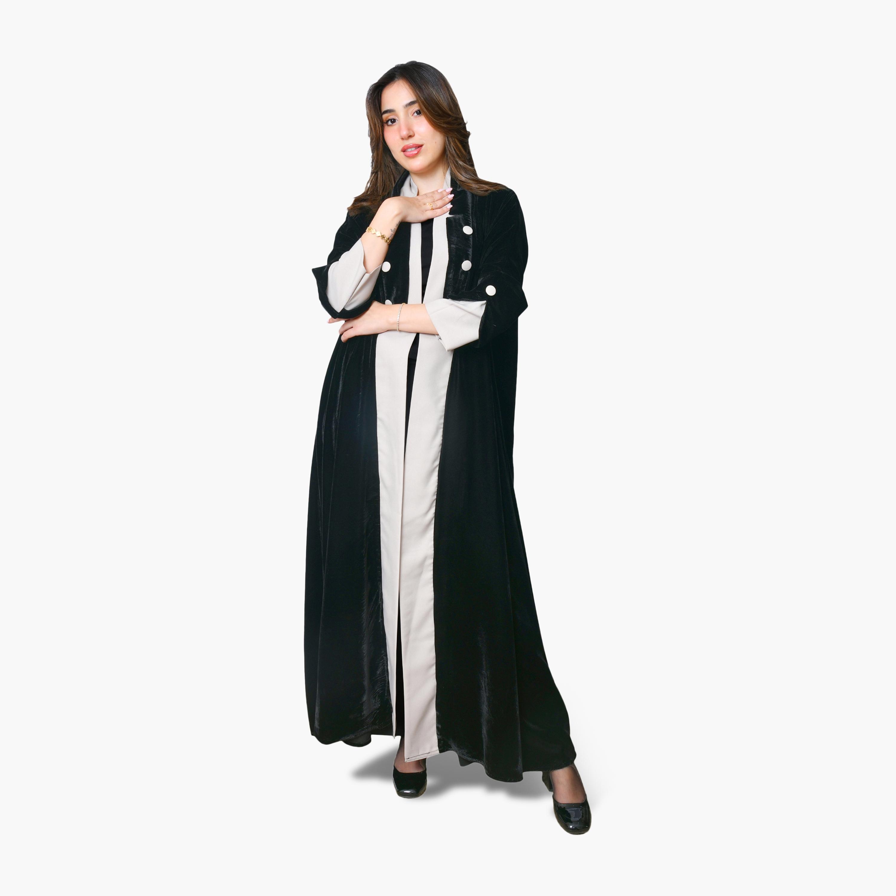 Oya Abaya Black Dual Tone Velvet Women's Formal Abaya-women-arabicclothing-abayas-image-1