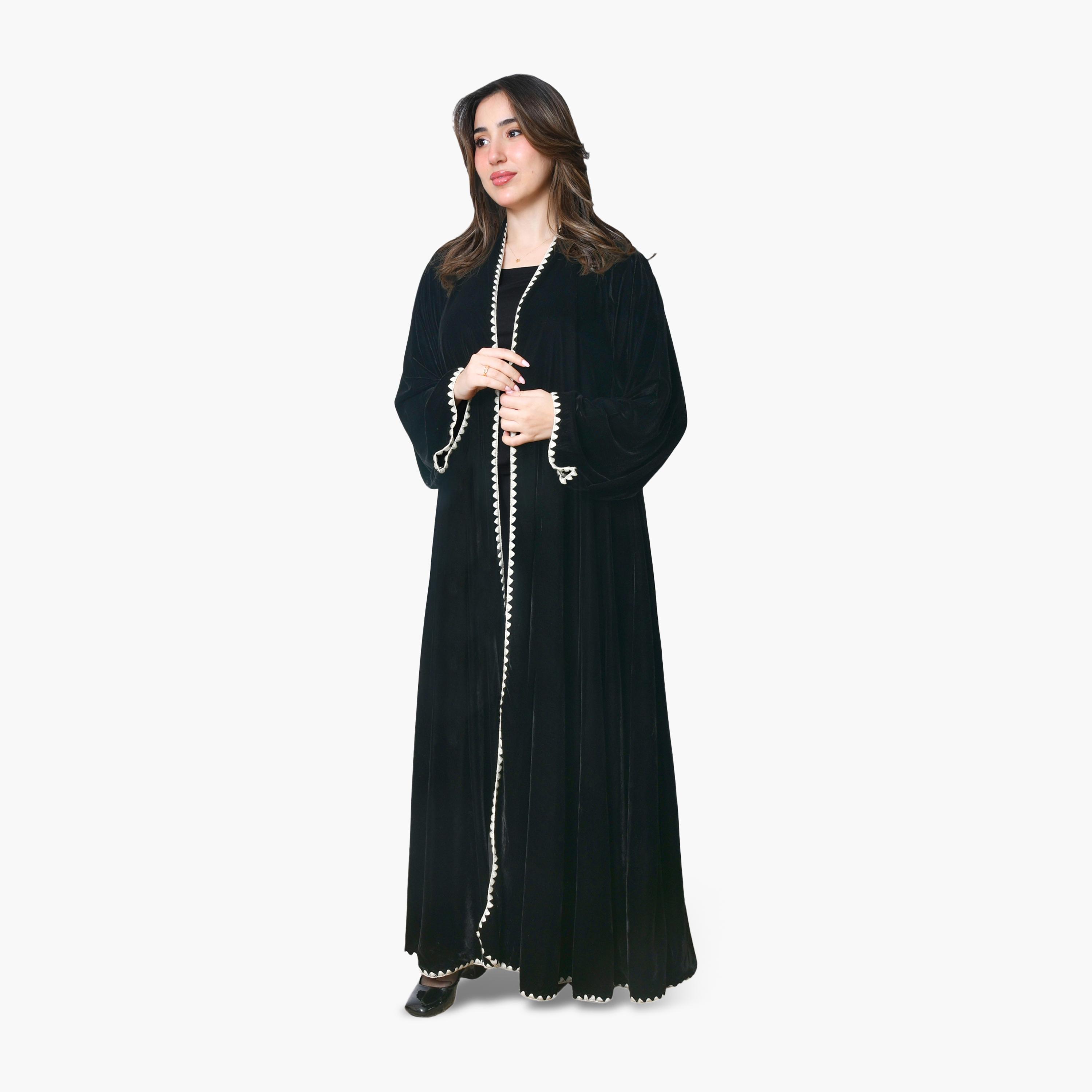 Oya Abaya Black Pleated Wide Sleeves Velvet Women's Abaya-women-arabicclothing-abayas-image-1