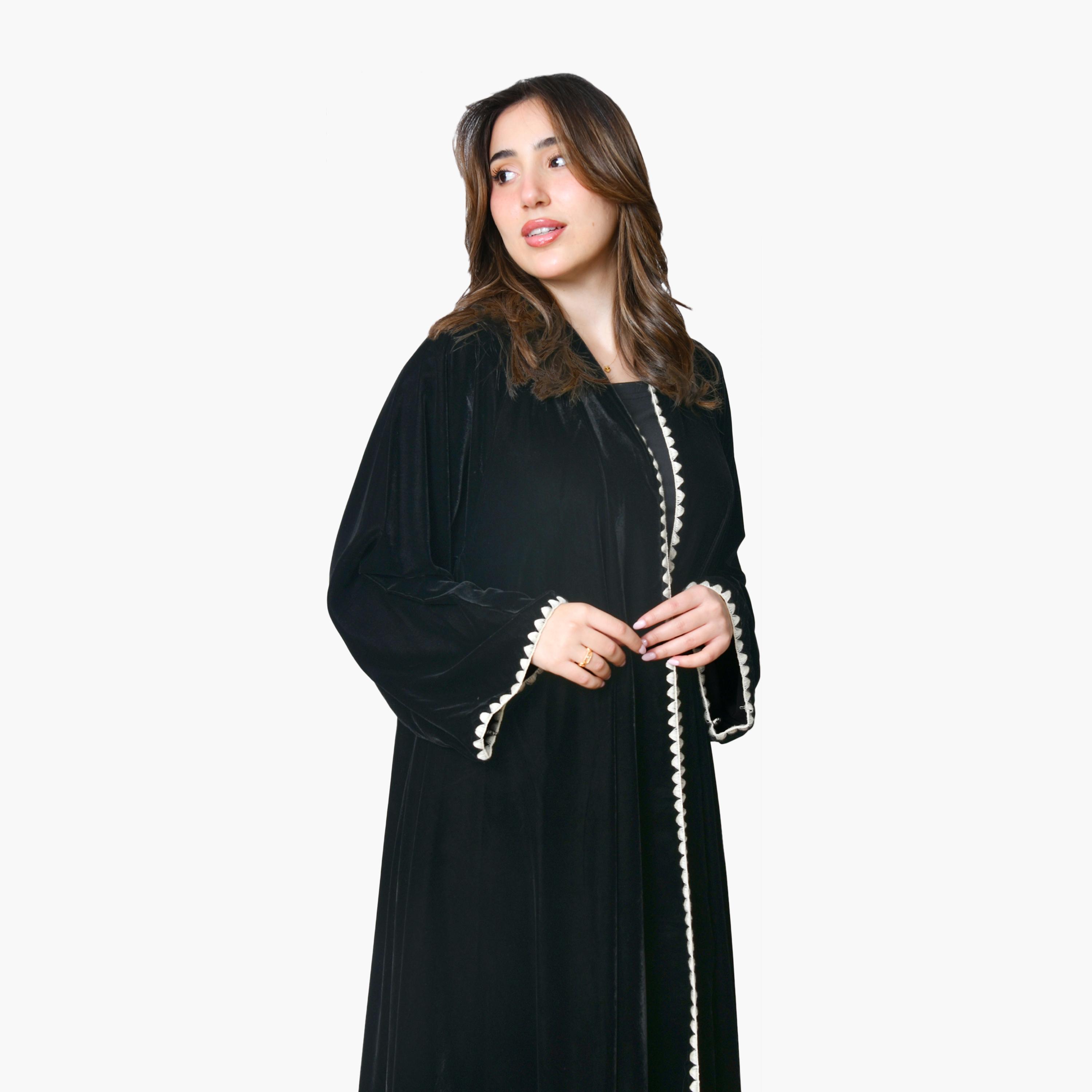 Oya Abaya Black Pleated Wide Sleeves Velvet Women's Abaya-women-arabicclothing-abayas-image-2