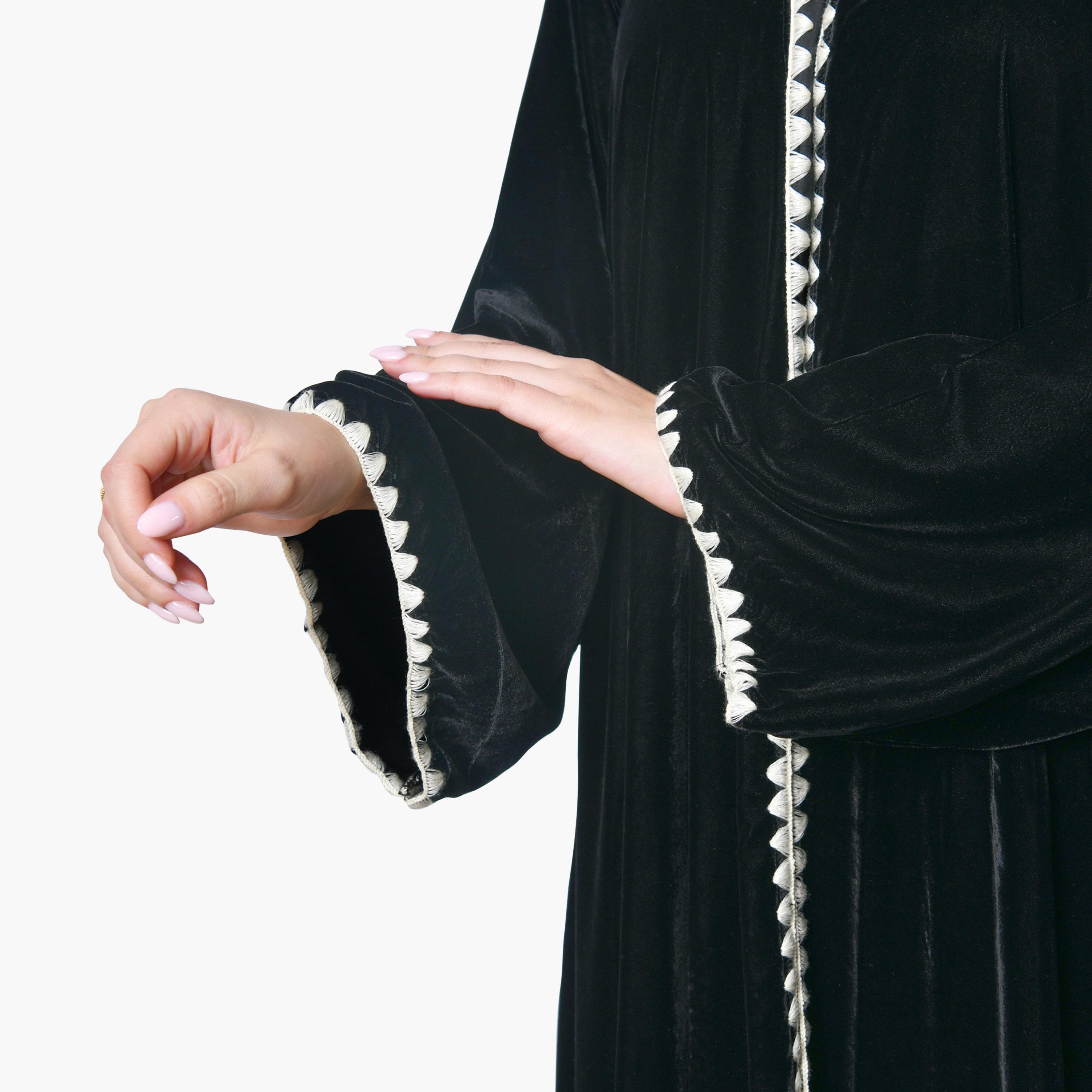 Oya Abaya Black Pleated Wide Sleeves Velvet Women's Abaya-women-arabicclothing-abayas-image-3