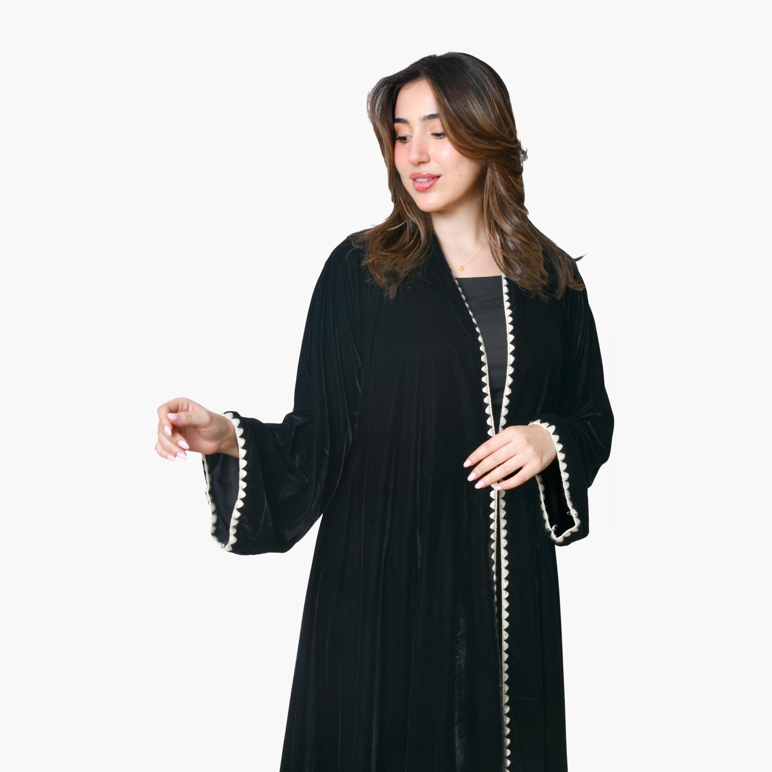Oya Abaya Black Pleated Wide Sleeves Velvet Women's Abaya-women-arabicclothing-abayas-image-4
