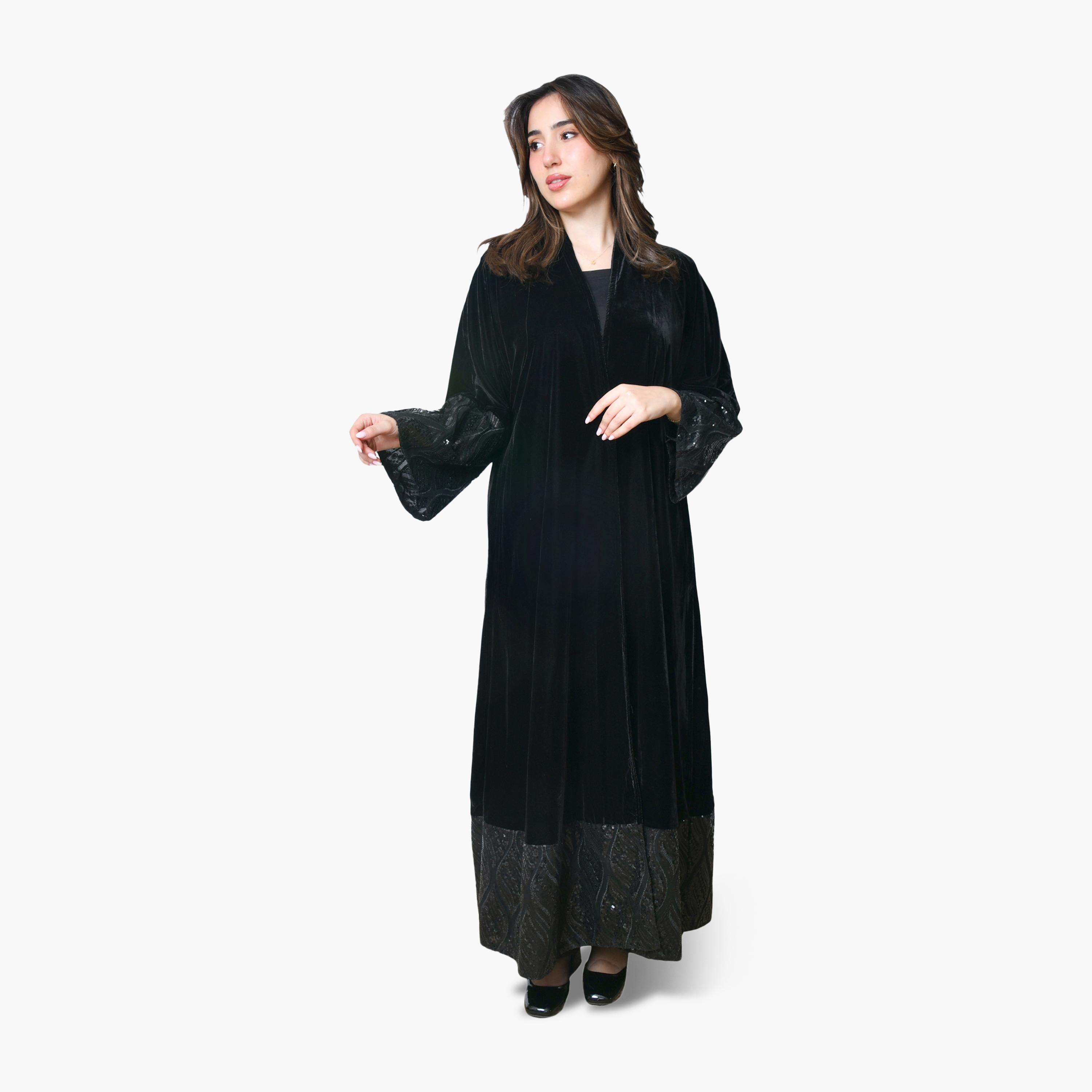 Oya Abaya Black Sequined Wide Sleeves Velvet Women's Evening Abaya-women-arabicclothing-abayas-image-1