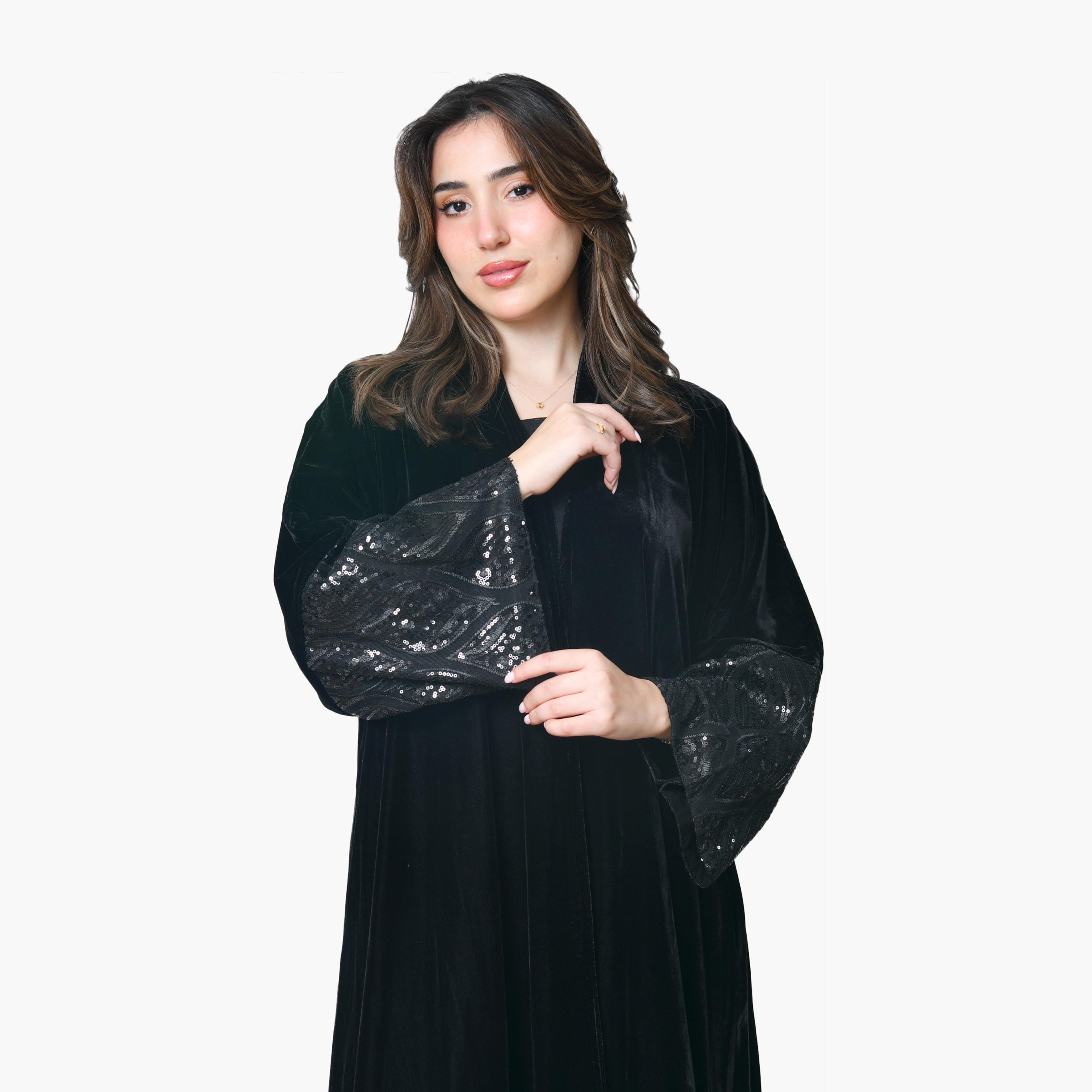 Oya Abaya Black Sequined Wide Sleeves Velvet Women's Evening Abaya-women-arabicclothing-abayas-image-2