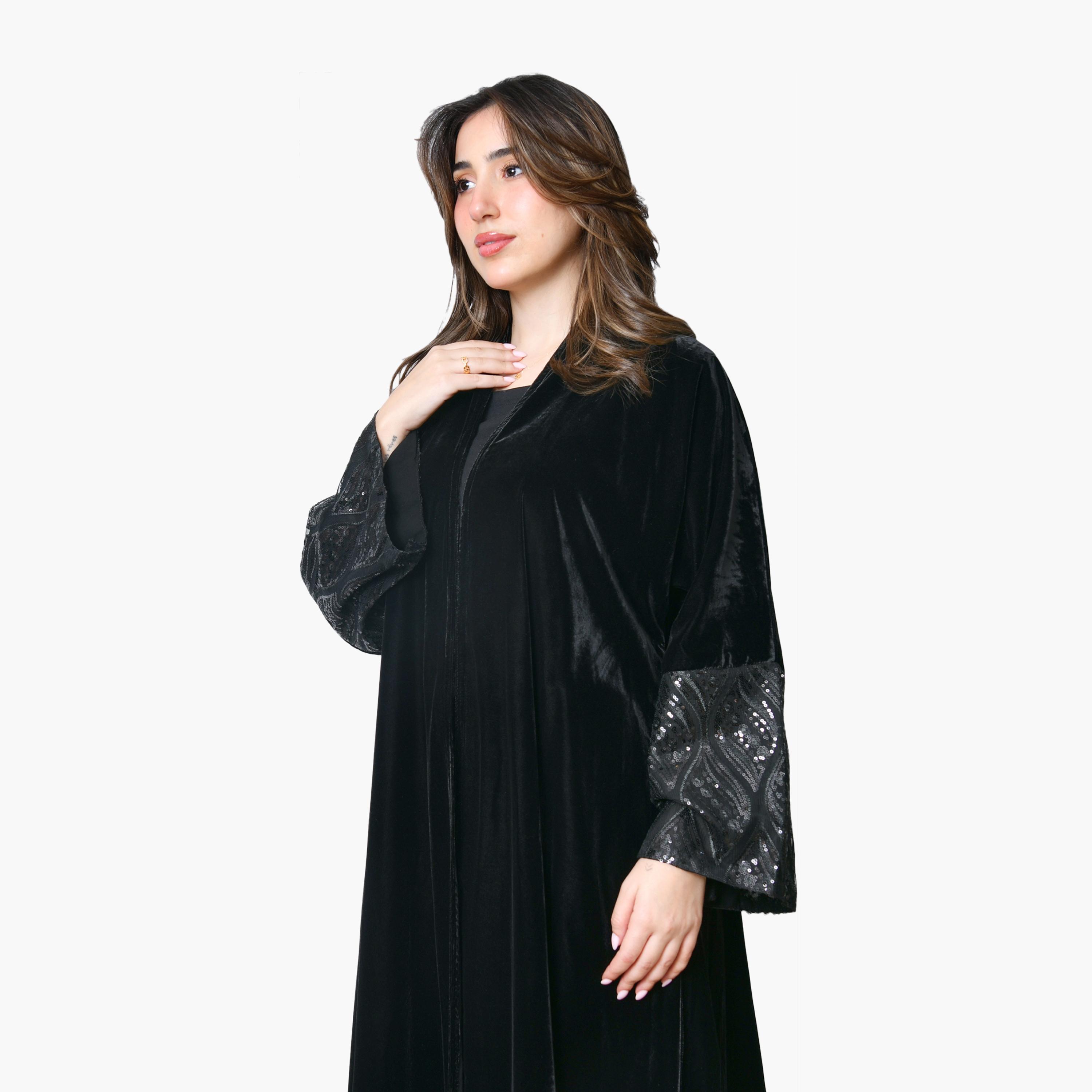 Oya Abaya Black Sequined Wide Sleeves Velvet Women's Evening Abaya-women-arabicclothing-abayas-image-3