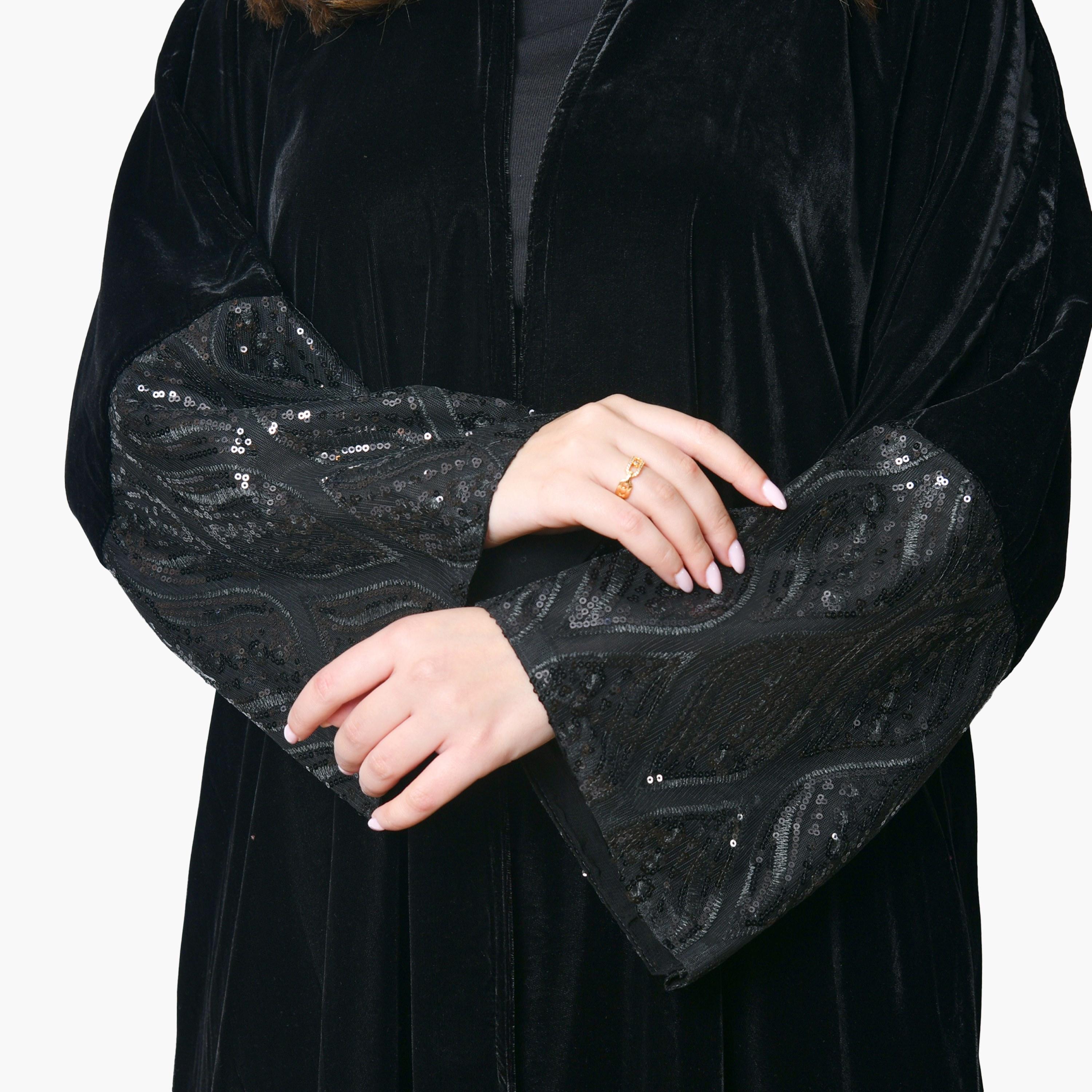 Oya Abaya Black Sequined Wide Sleeves Velvet Women's Evening Abaya-women-arabicclothing-abayas-image-4