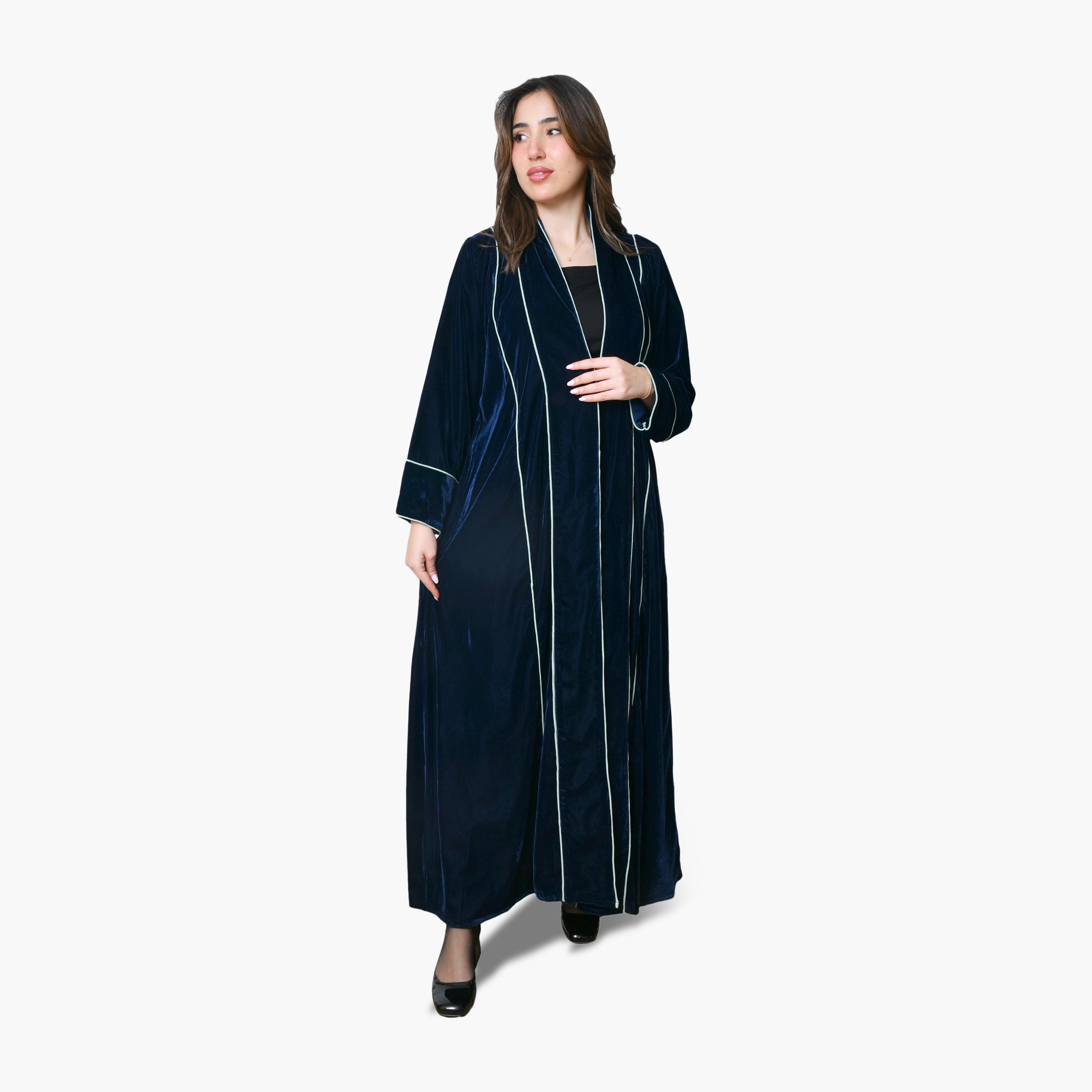 Oya Abaya Navy Floral Embroidered Velvet Women's Evening Abaya-women-arabicclothing-abayas-image-1