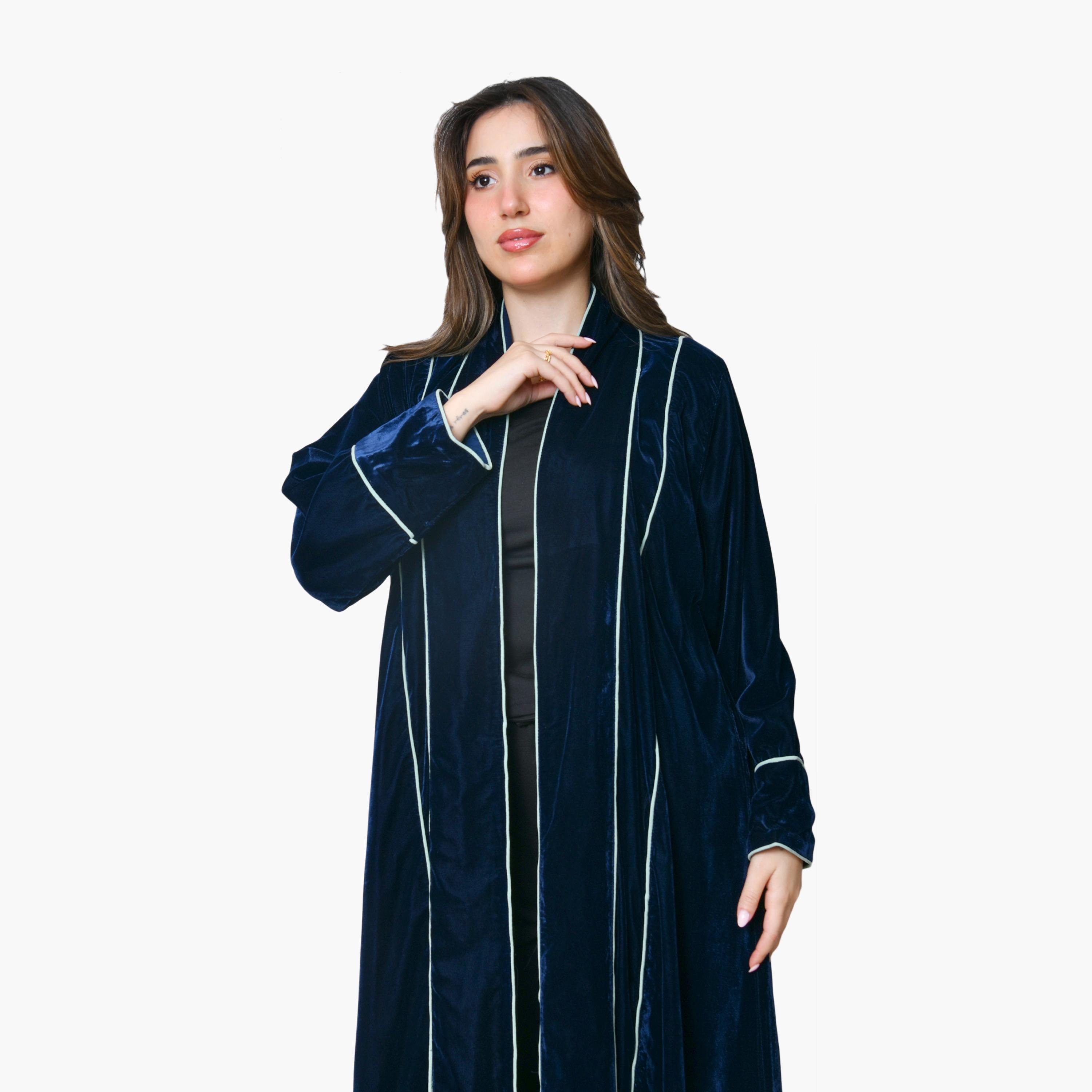 Oya Abaya Navy Floral Embroidered Velvet Women's Evening Abaya-women-arabicclothing-abayas-image-2
