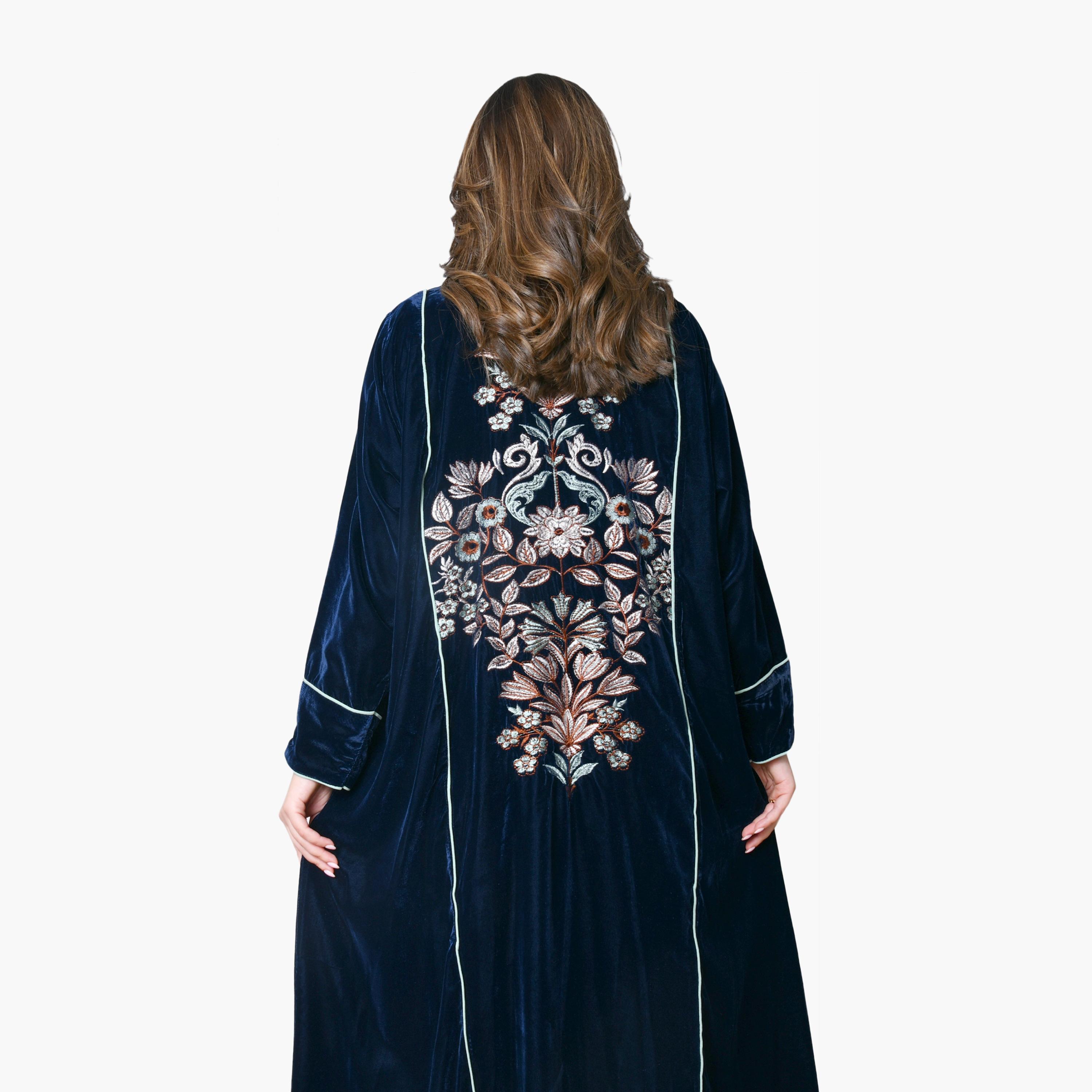 Oya Abaya Navy Floral Embroidered Velvet Women's Evening Abaya-women-arabicclothing-abayas-image-4