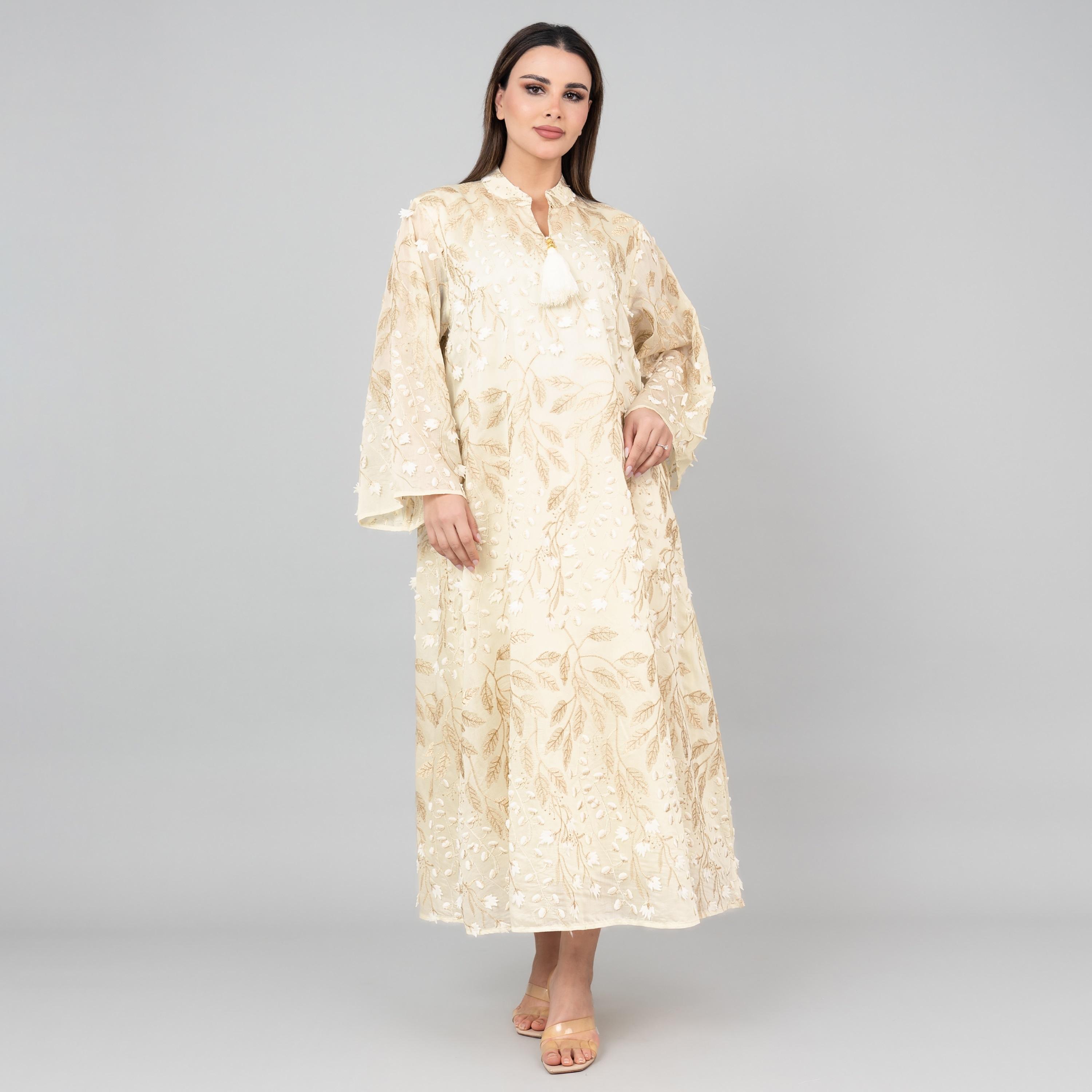 IKKXA Flared Sleeves Soft Petals Embroidered Women's Jalabiya-women-arabicclothing-jalabiyas-image-1