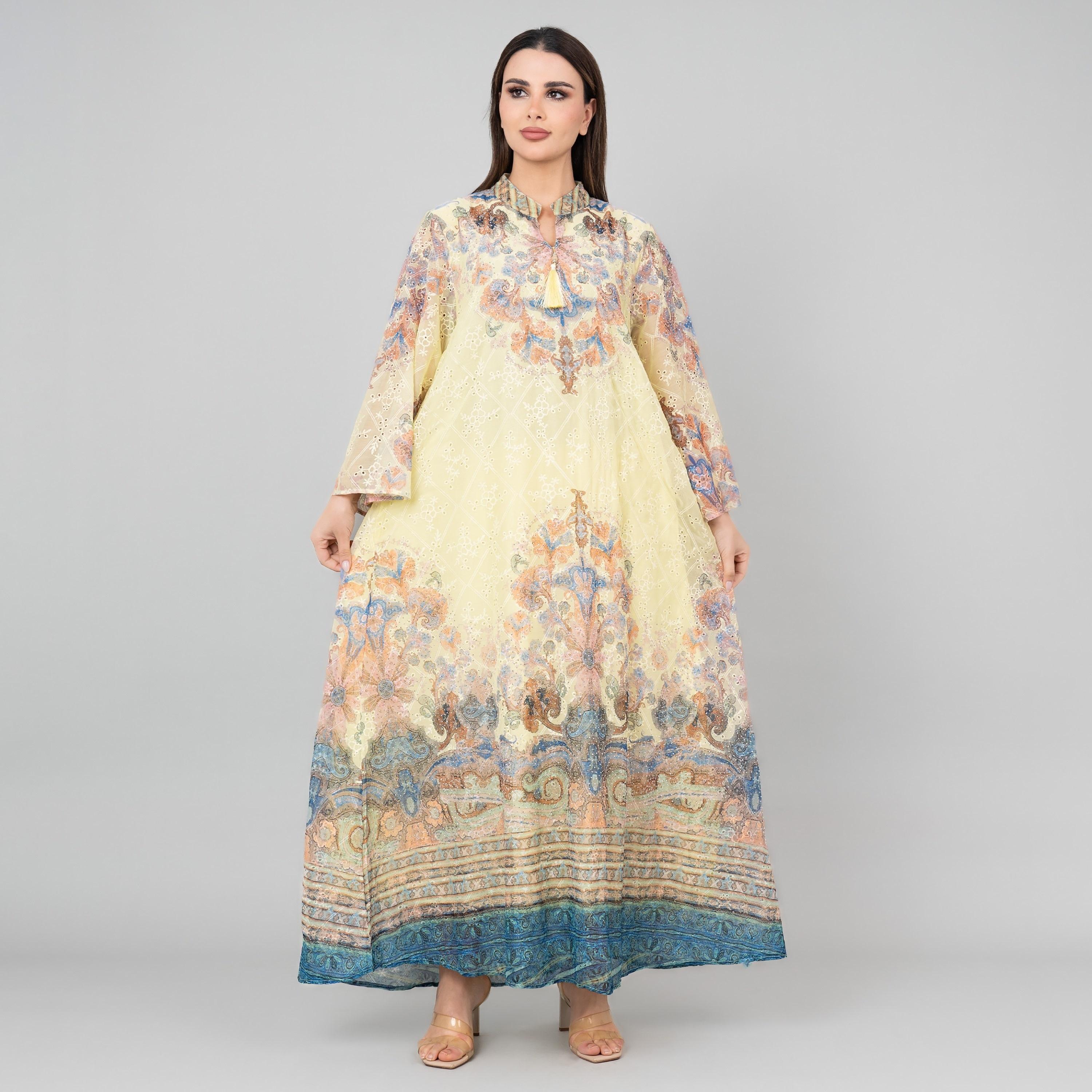 IKKXA Flared Sleeves Floral Print and Embroidered Women's Jalabiya-women-arabicclothing-jalabiyas-image-1