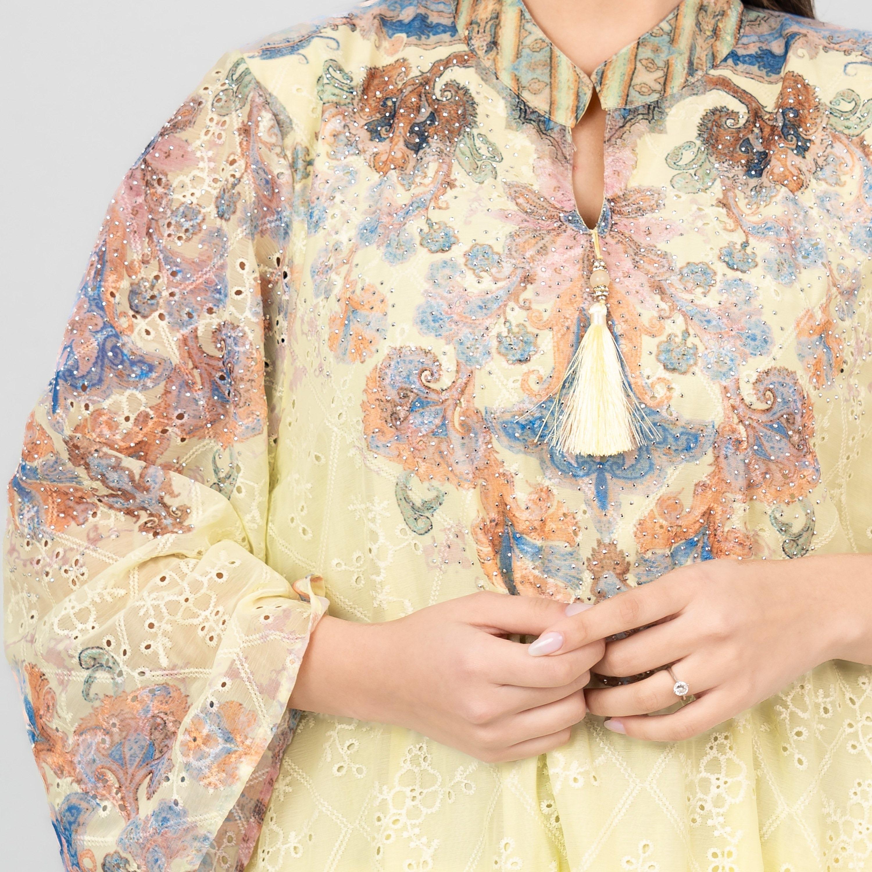 IKKXA Flared Sleeves Floral Print and Embroidered Women's Jalabiya-women-arabicclothing-jalabiyas-image-2