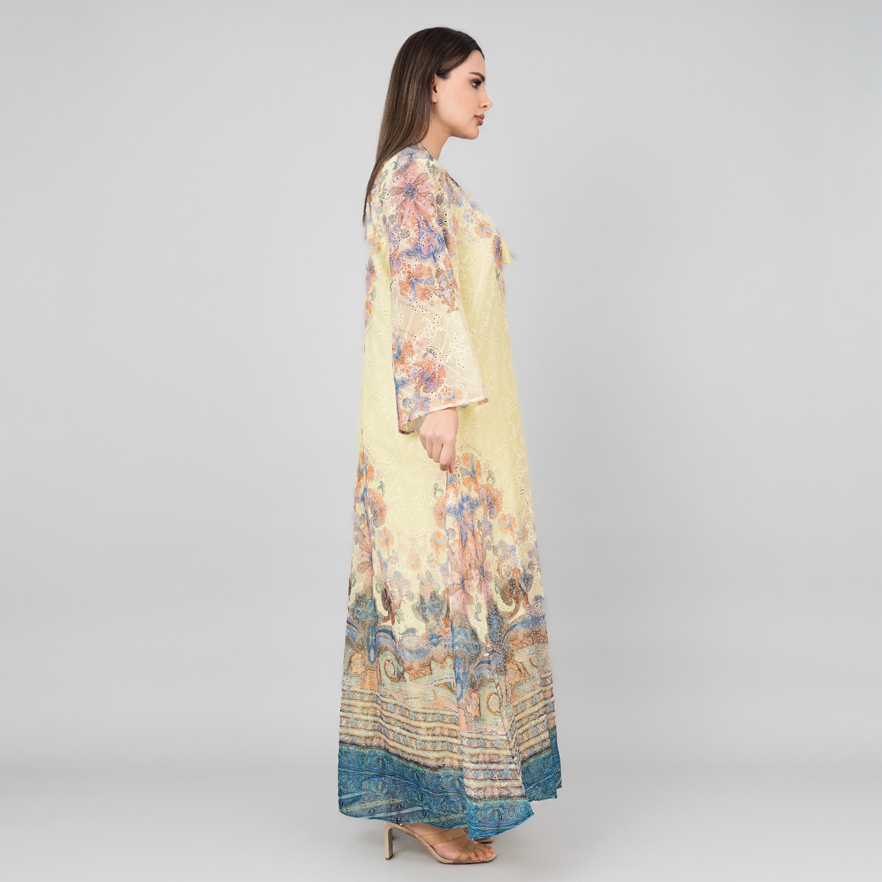 IKKXA Flared Sleeves Floral Print and Embroidered Women's Jalabiya-women-arabicclothing-jalabiyas-image-3