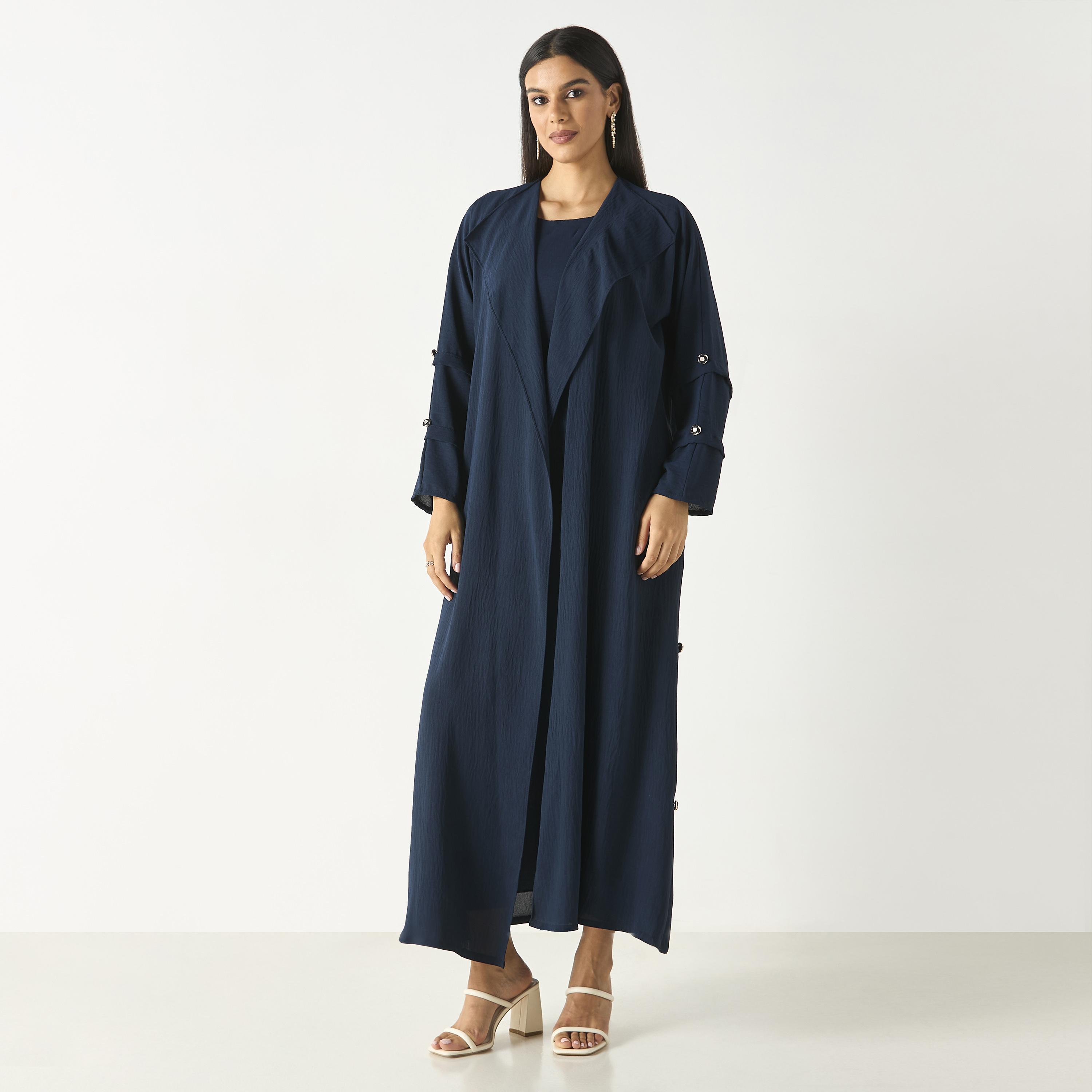 Hadiyath Al Madinah Solid Open Front Abaya with Button Detail-women-arabicclothing-abayas-image-1