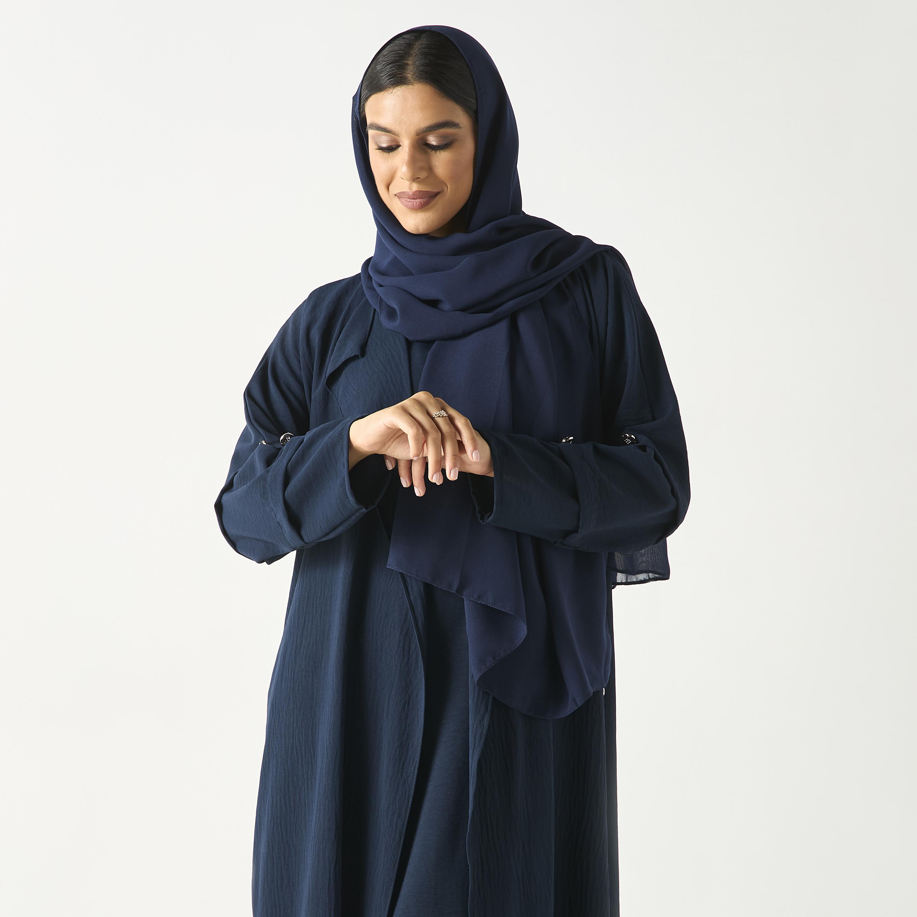 Hadiyath Al Madinah Solid Open Front Abaya with Button Detail-women-arabicclothing-abayas-image-2
