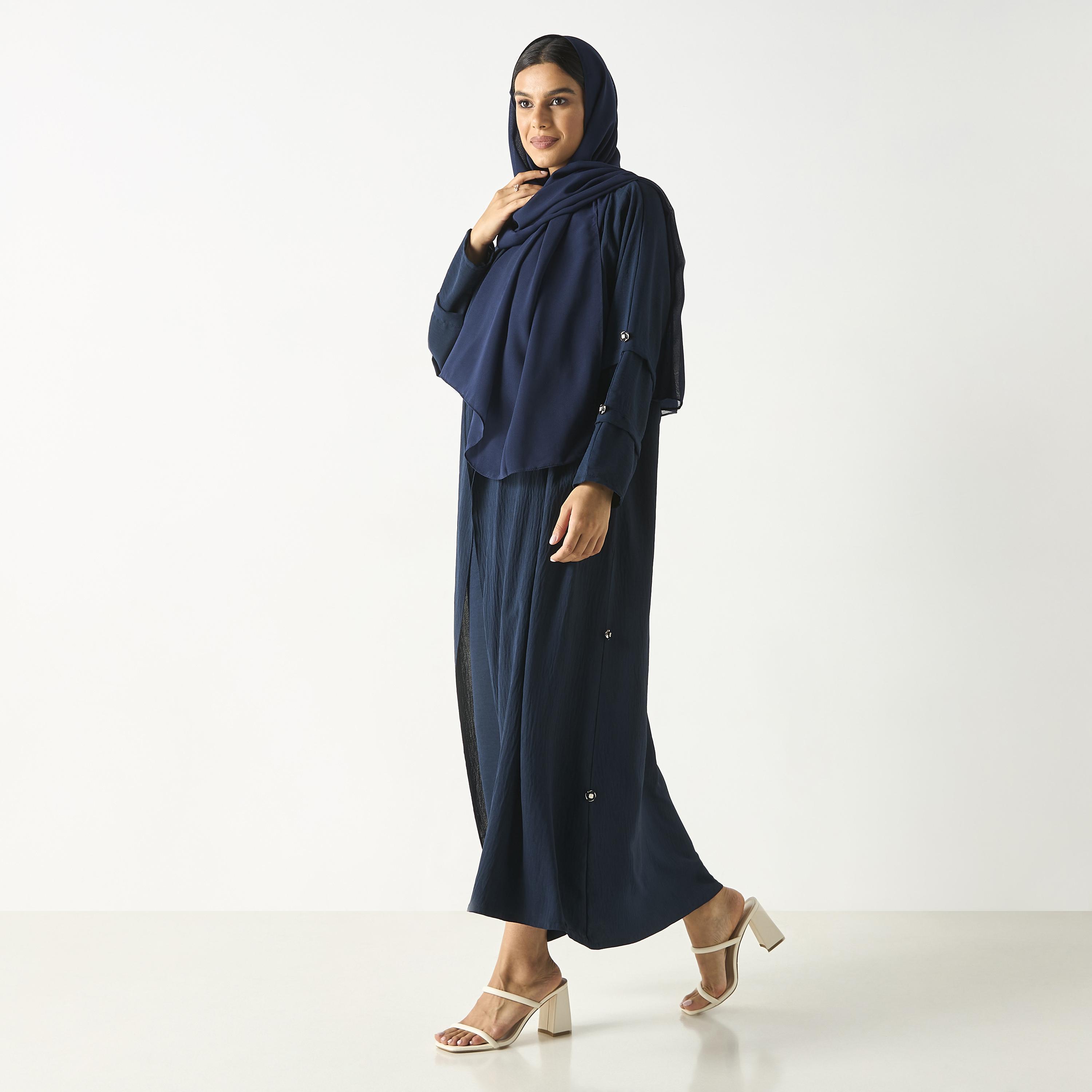 Hadiyath Al Madinah Solid Open Front Abaya with Button Detail-women-arabicclothing-abayas-image-4