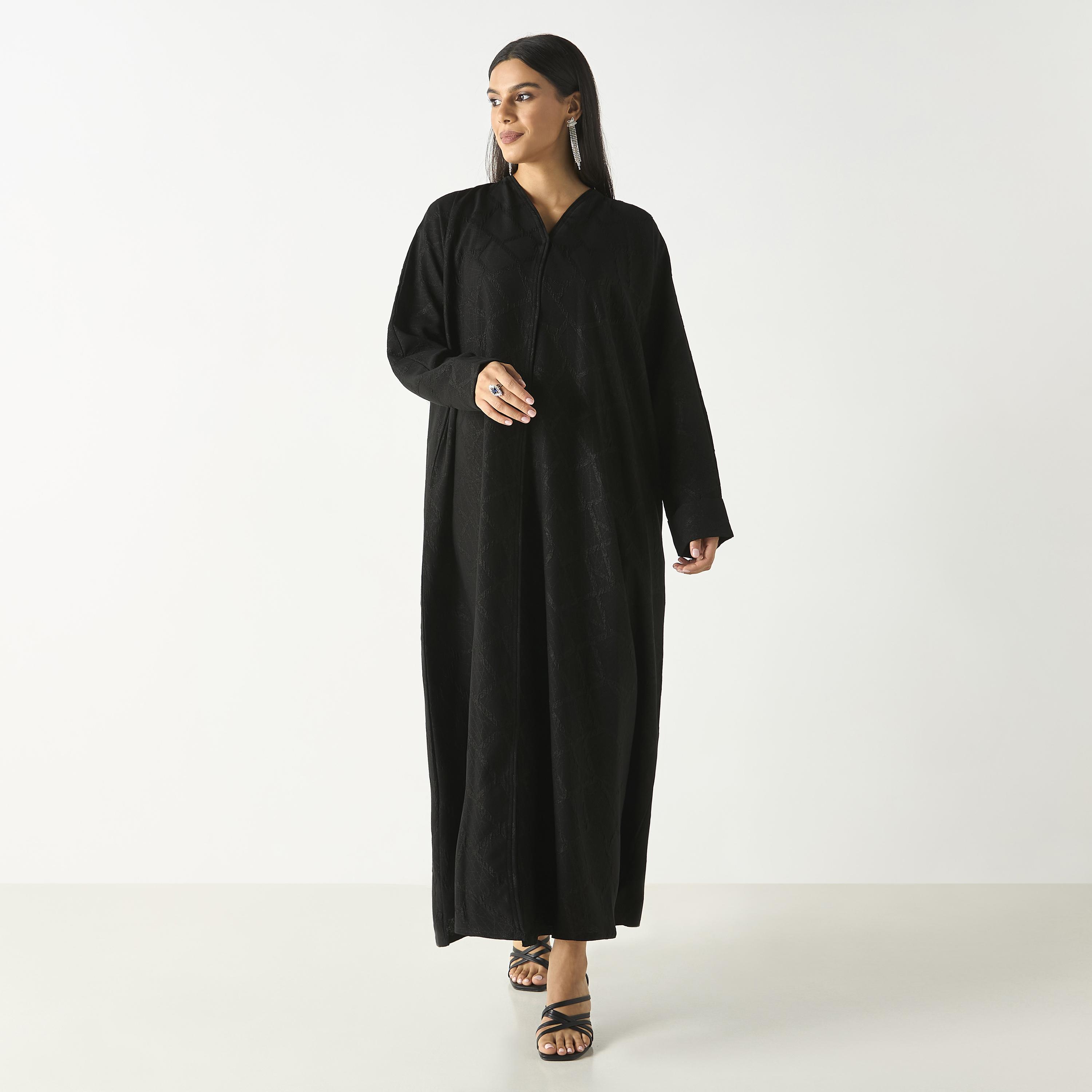 Hadiyath Al Madinah Textured Abaya with Hijab-women-arabicclothing-abayas-image-1