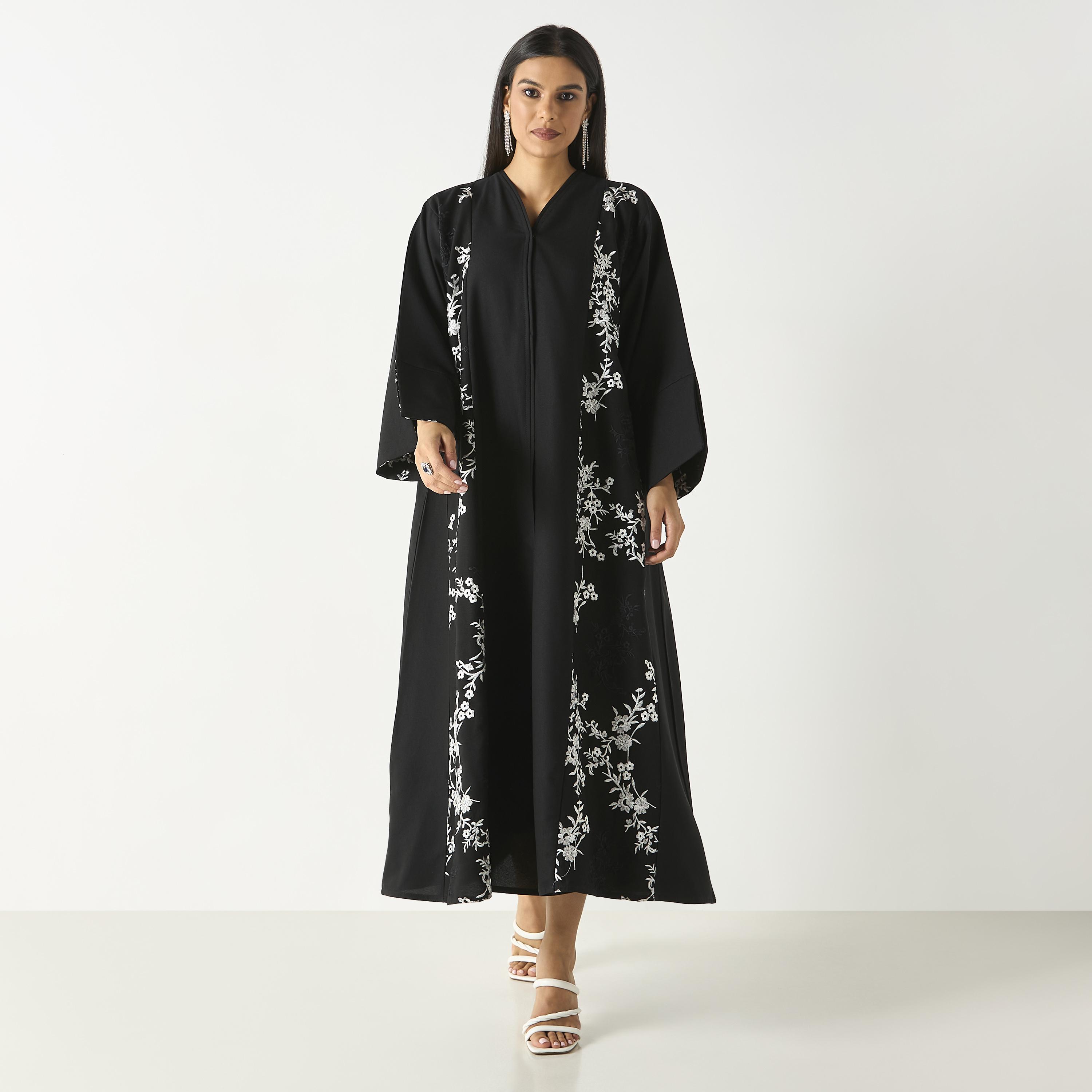 Hadiyath Al Madinah Floral Embroidered Abaya with Hijab-women-arabicclothing-abayas-image-1