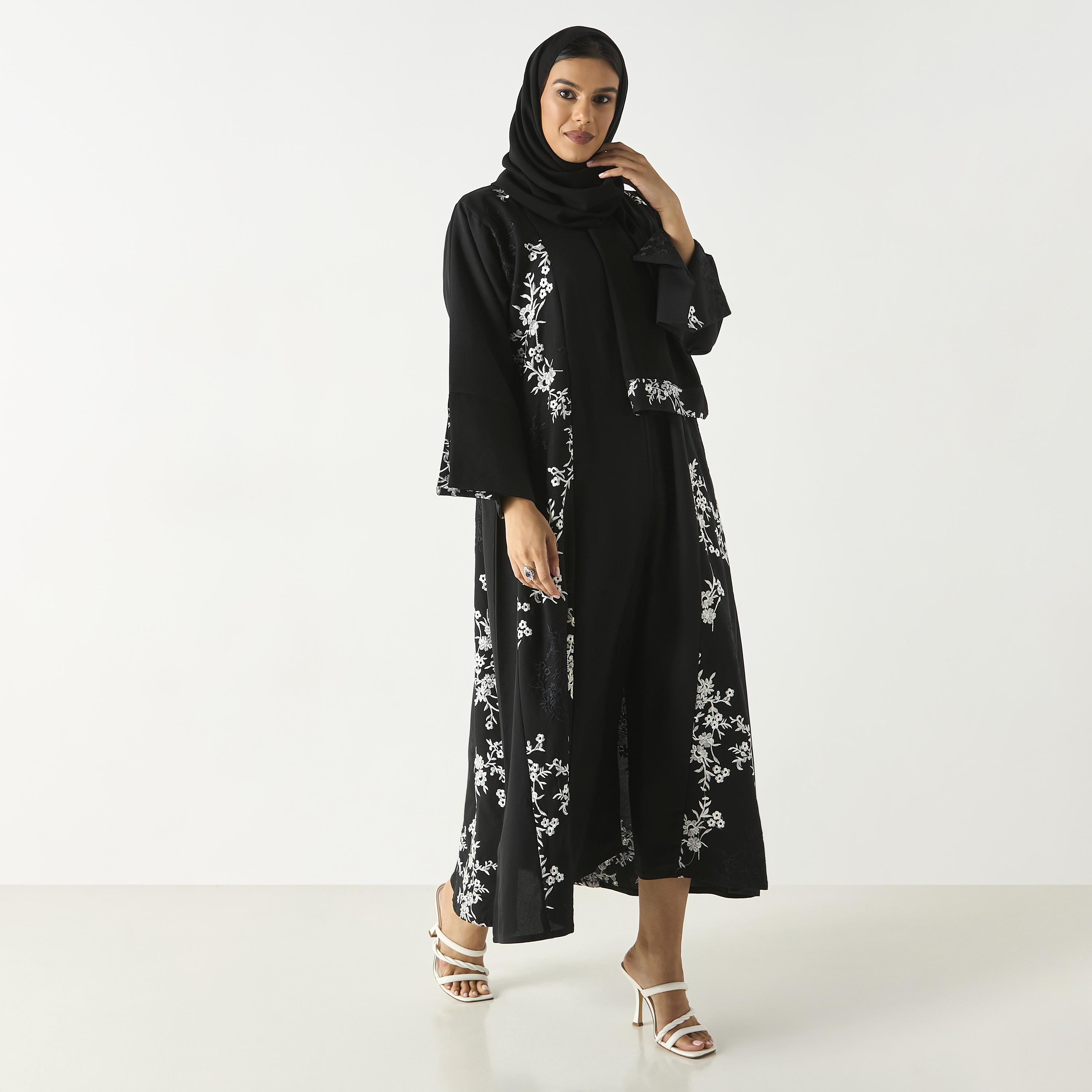 Hadiyath Al Madinah Floral Embroidered Abaya with Hijab-women-arabicclothing-abayas-image-4
