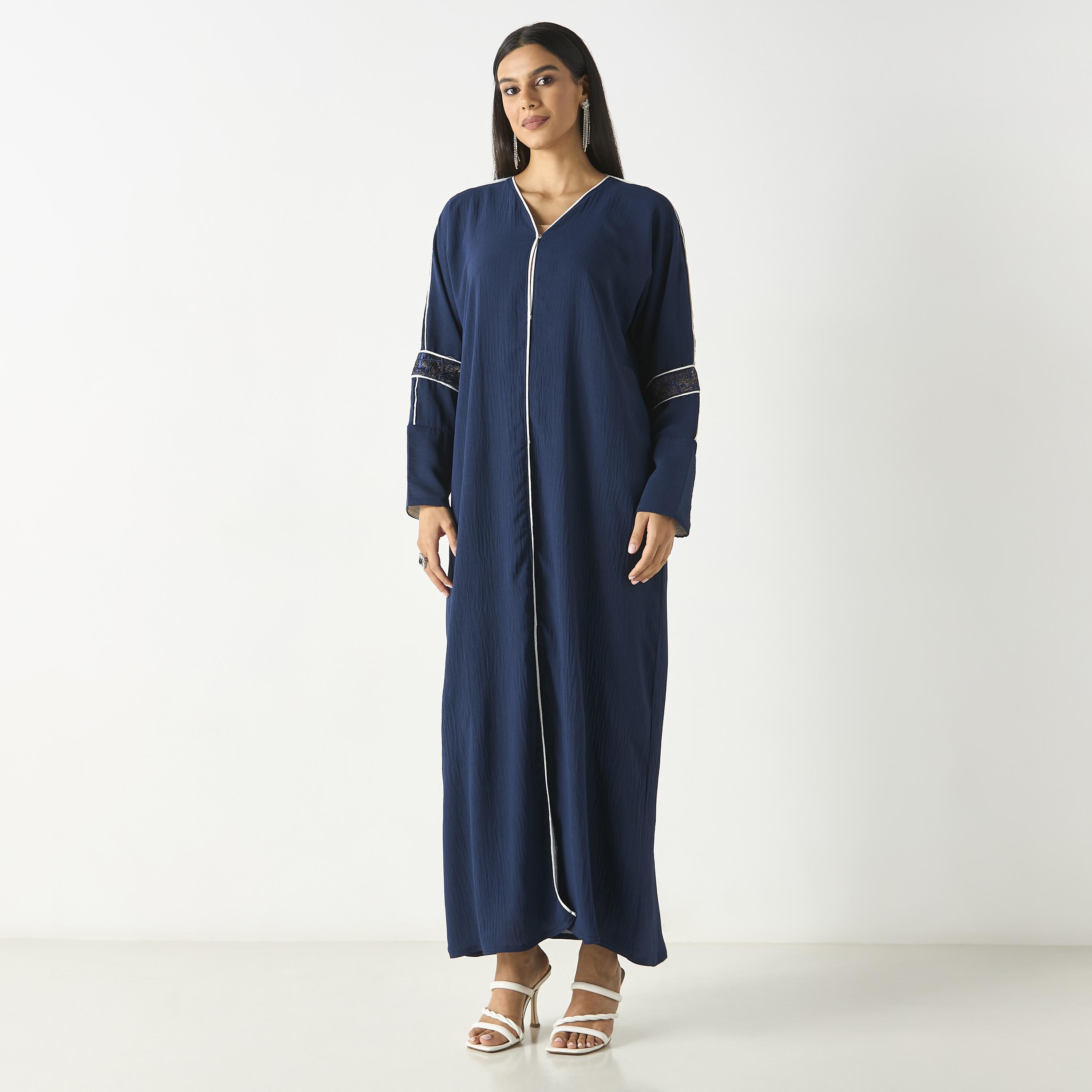 Hadiyath Al Madinah Solid Abaya with Lace Detail and Hijab-women-arabicclothing-abayas-image-1