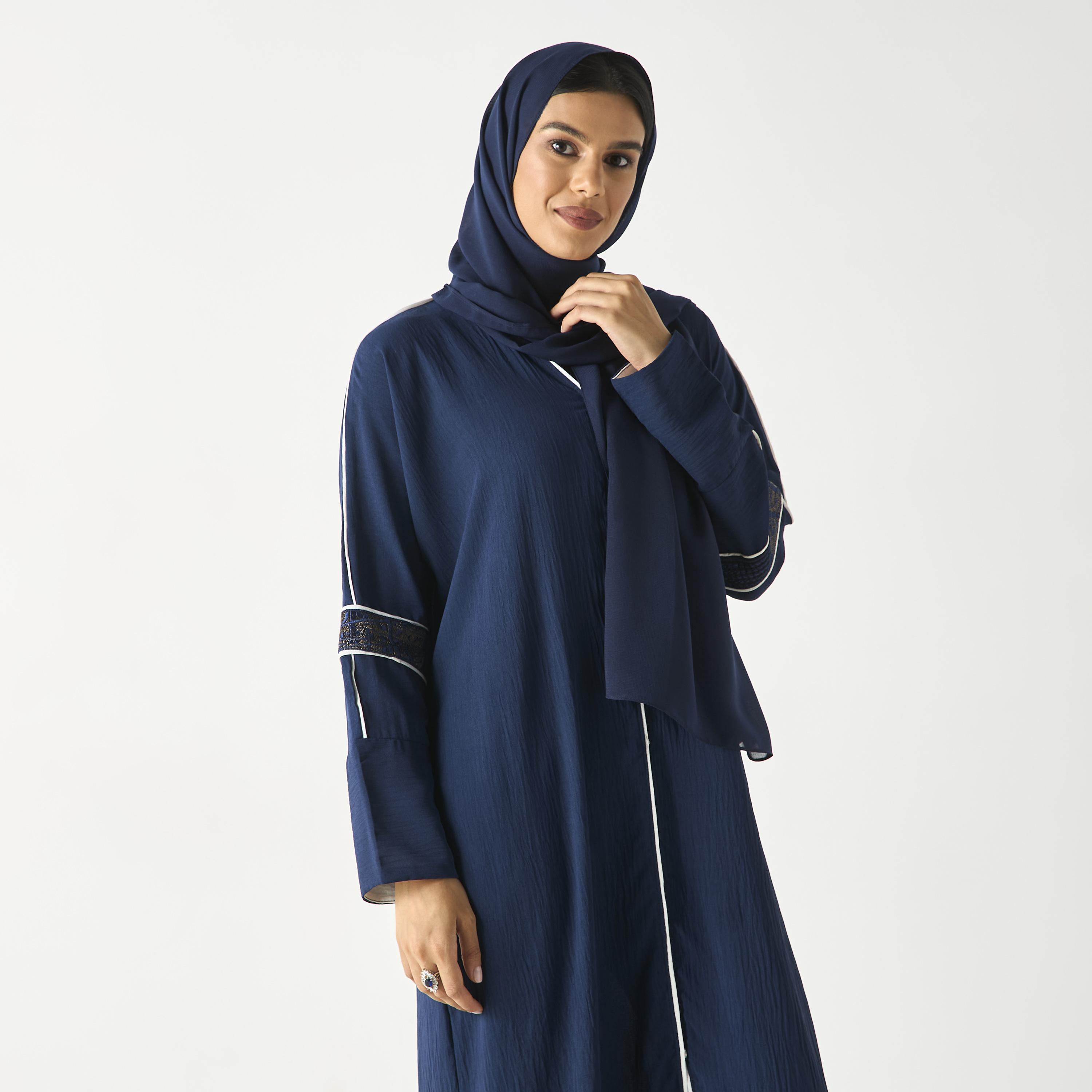 Hadiyath Al Madinah Solid Abaya with Lace Detail and Hijab-women-arabicclothing-abayas-image-2