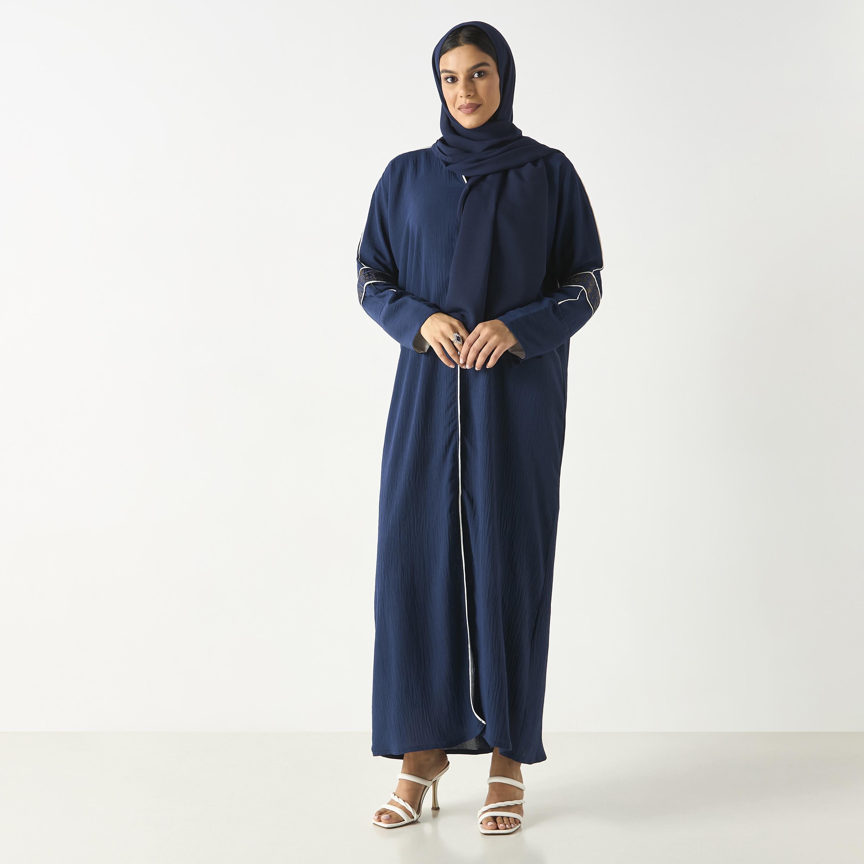 Hadiyath Al Madinah Solid Abaya with Lace Detail and Hijab-women-arabicclothing-abayas-image-4