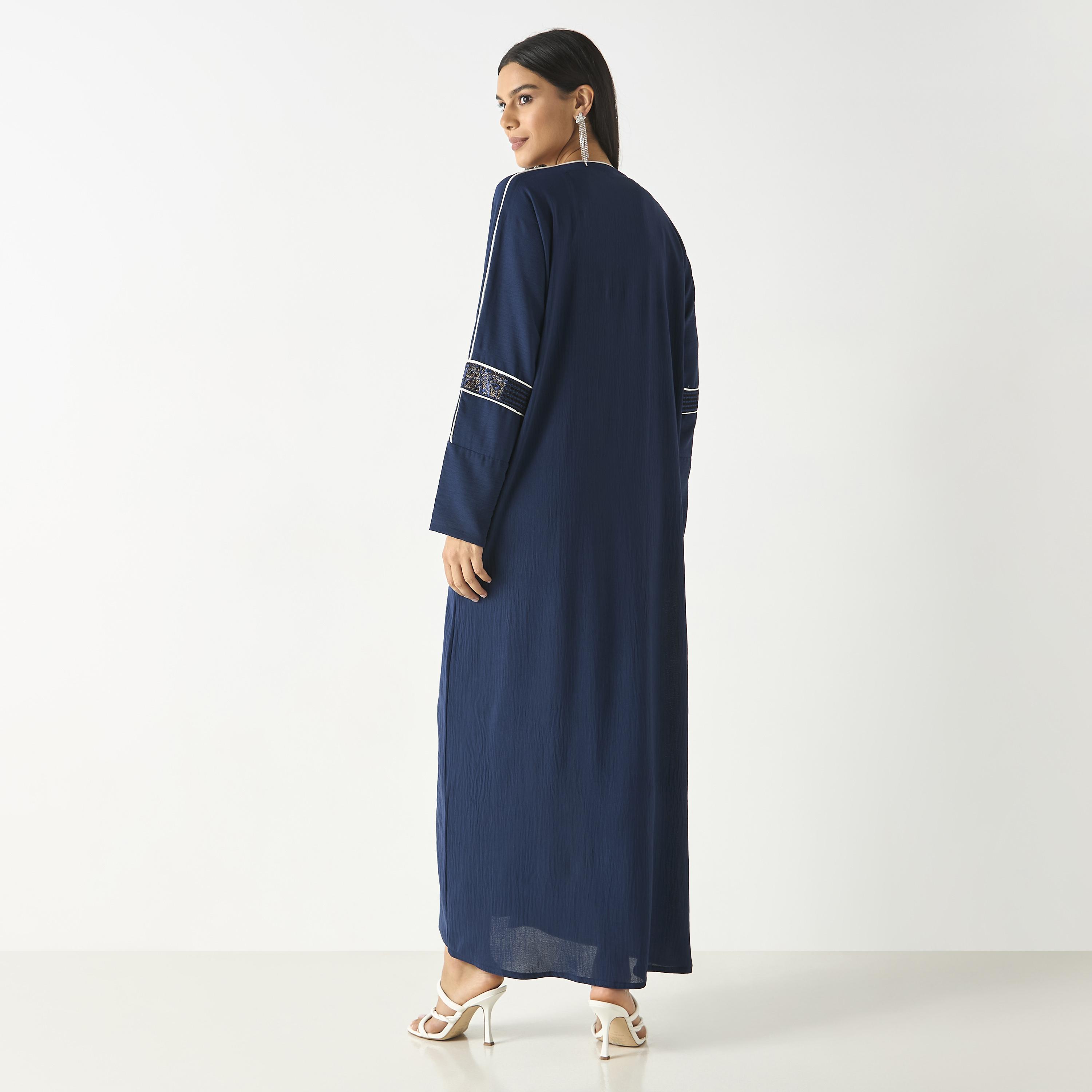 Hadiyath Al Madinah Solid Abaya with Lace Detail and Hijab-women-arabicclothing-abayas-image-5