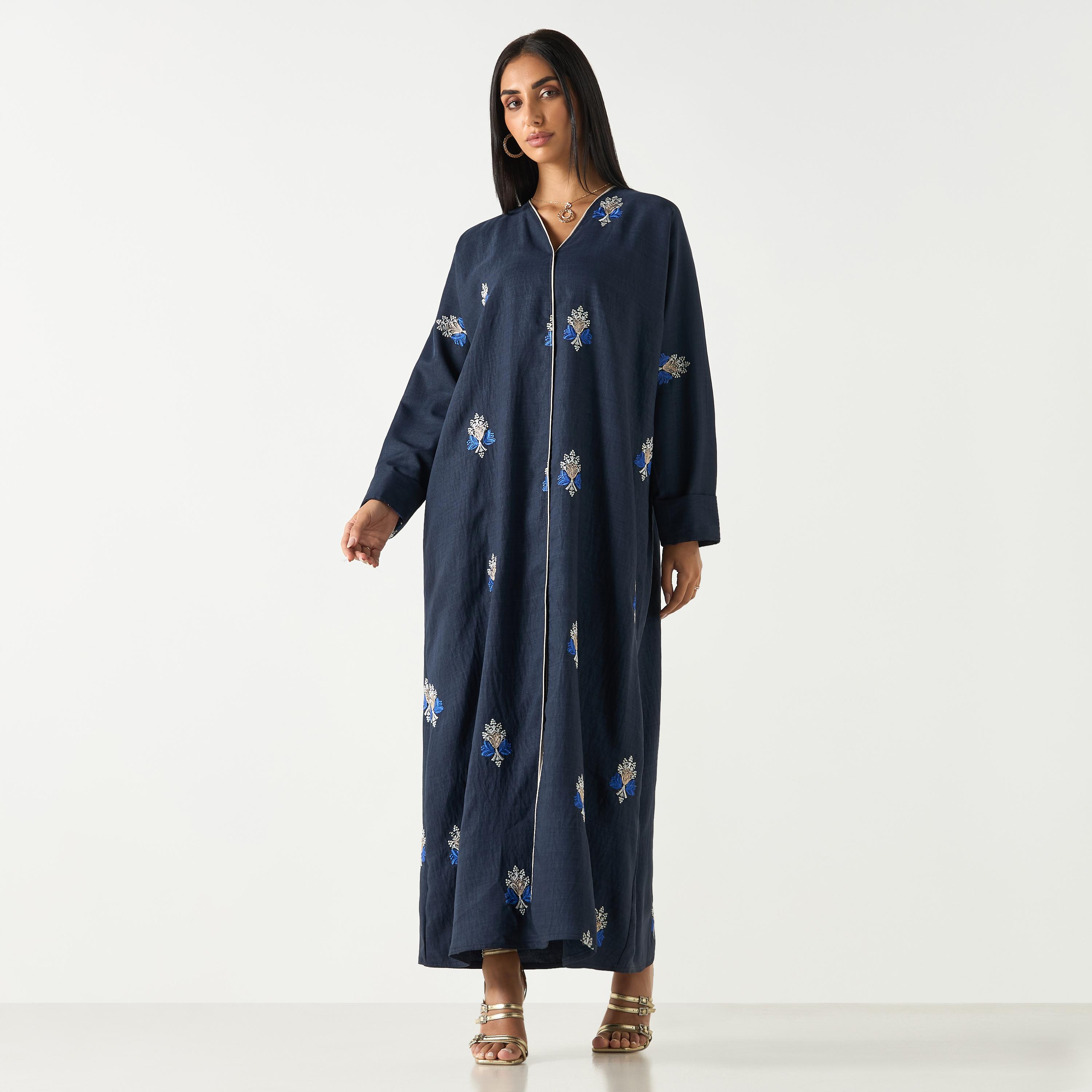 Hadiyath Al Madinah Embroidered V-neck Abaya with Hijab-women-arabicclothing-abayas-image-1