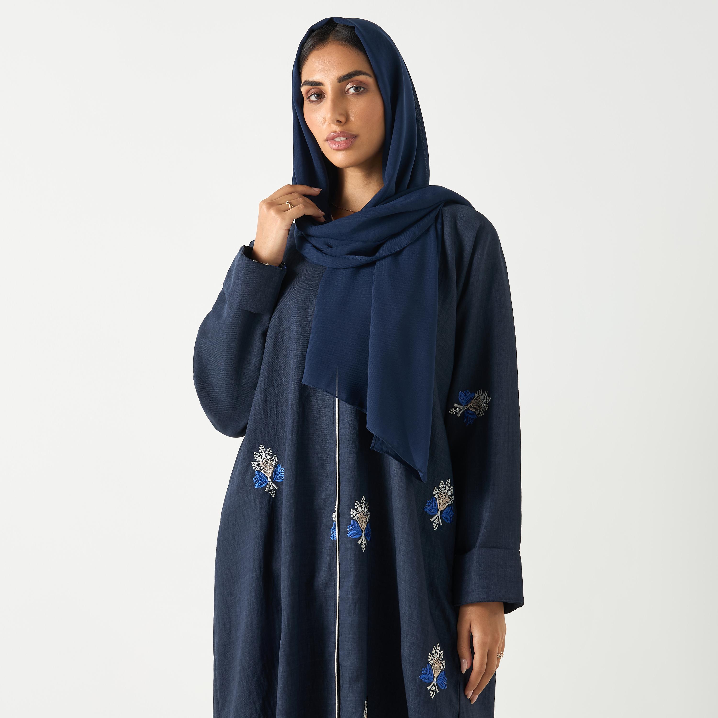Hadiyath Al Madinah Embroidered V-neck Abaya with Hijab-women-arabicclothing-abayas-image-2