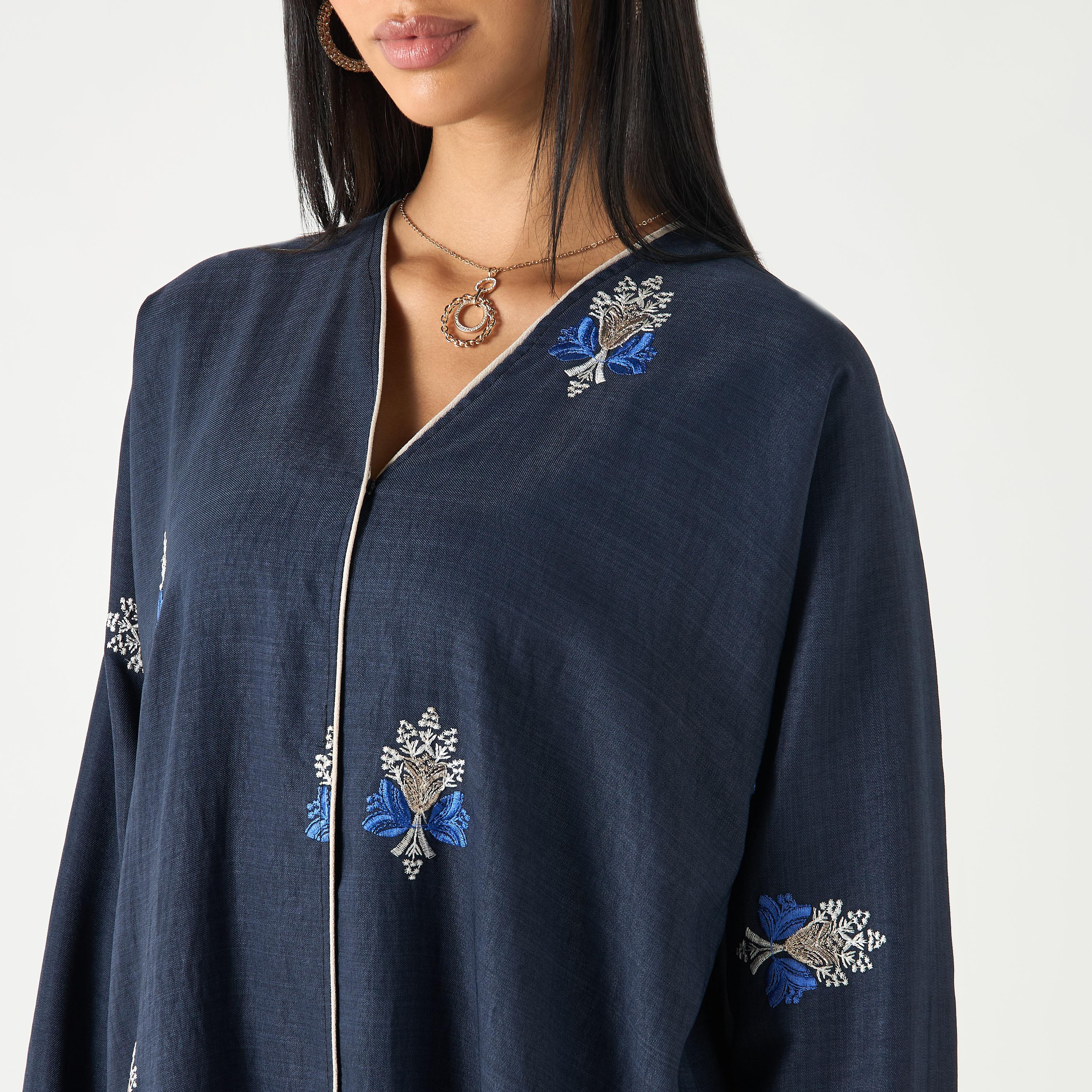 Hadiyath Al Madinah Embroidered V-neck Abaya with Hijab-women-arabicclothing-abayas-image-3