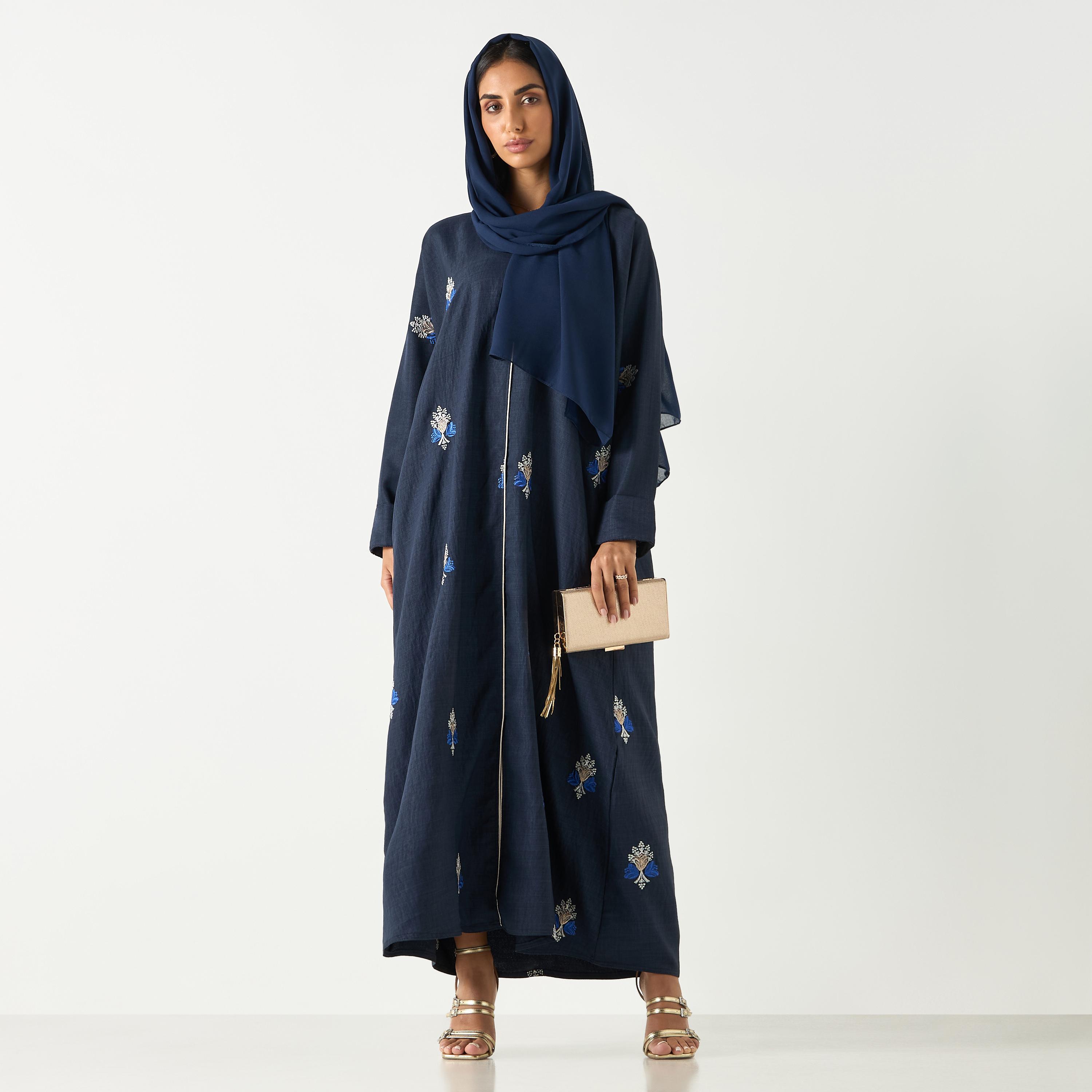 Hadiyath Al Madinah Embroidered V-neck Abaya with Hijab-women-arabicclothing-abayas-image-4