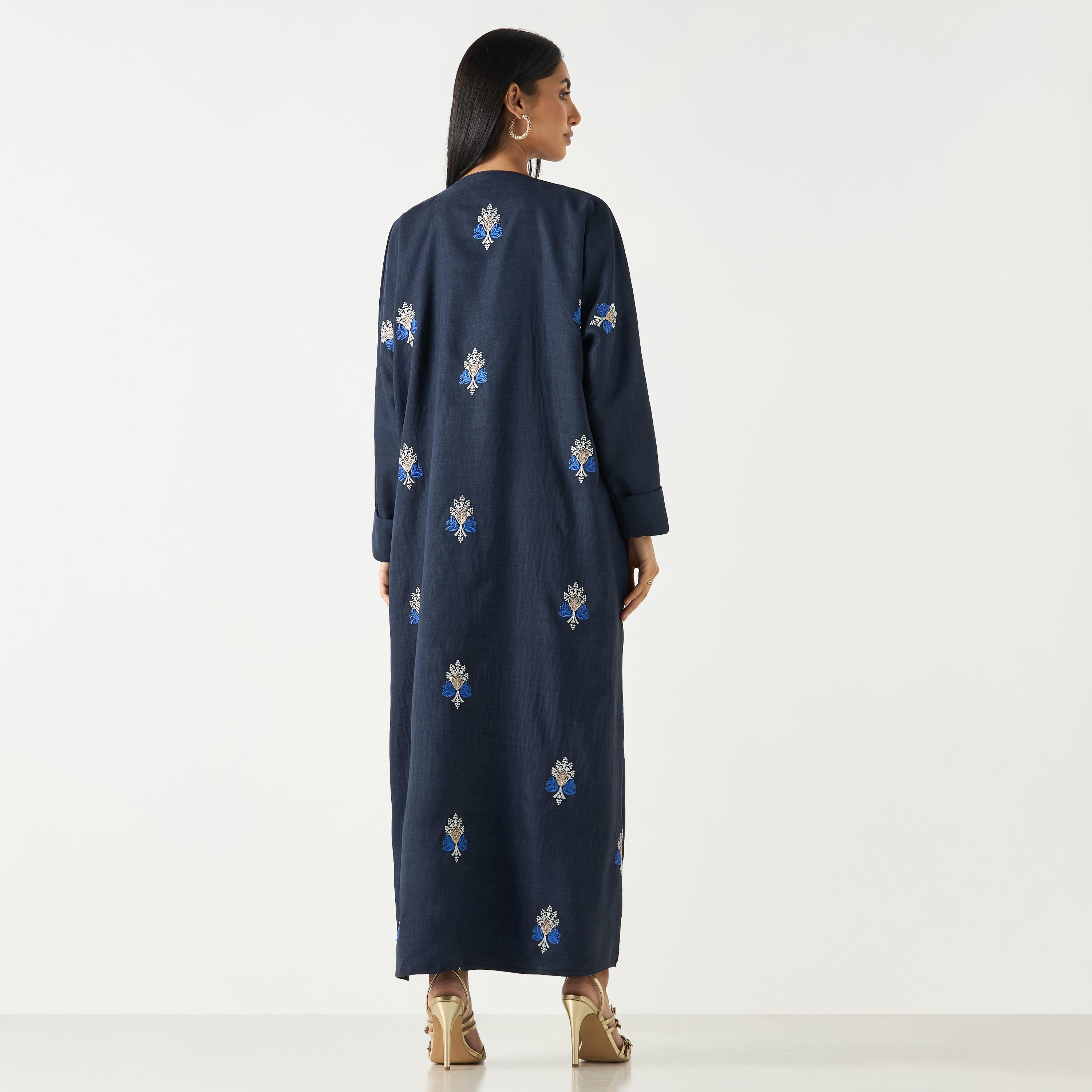 Hadiyath Al Madinah Embroidered V-neck Abaya with Hijab-women-arabicclothing-abayas-image-5