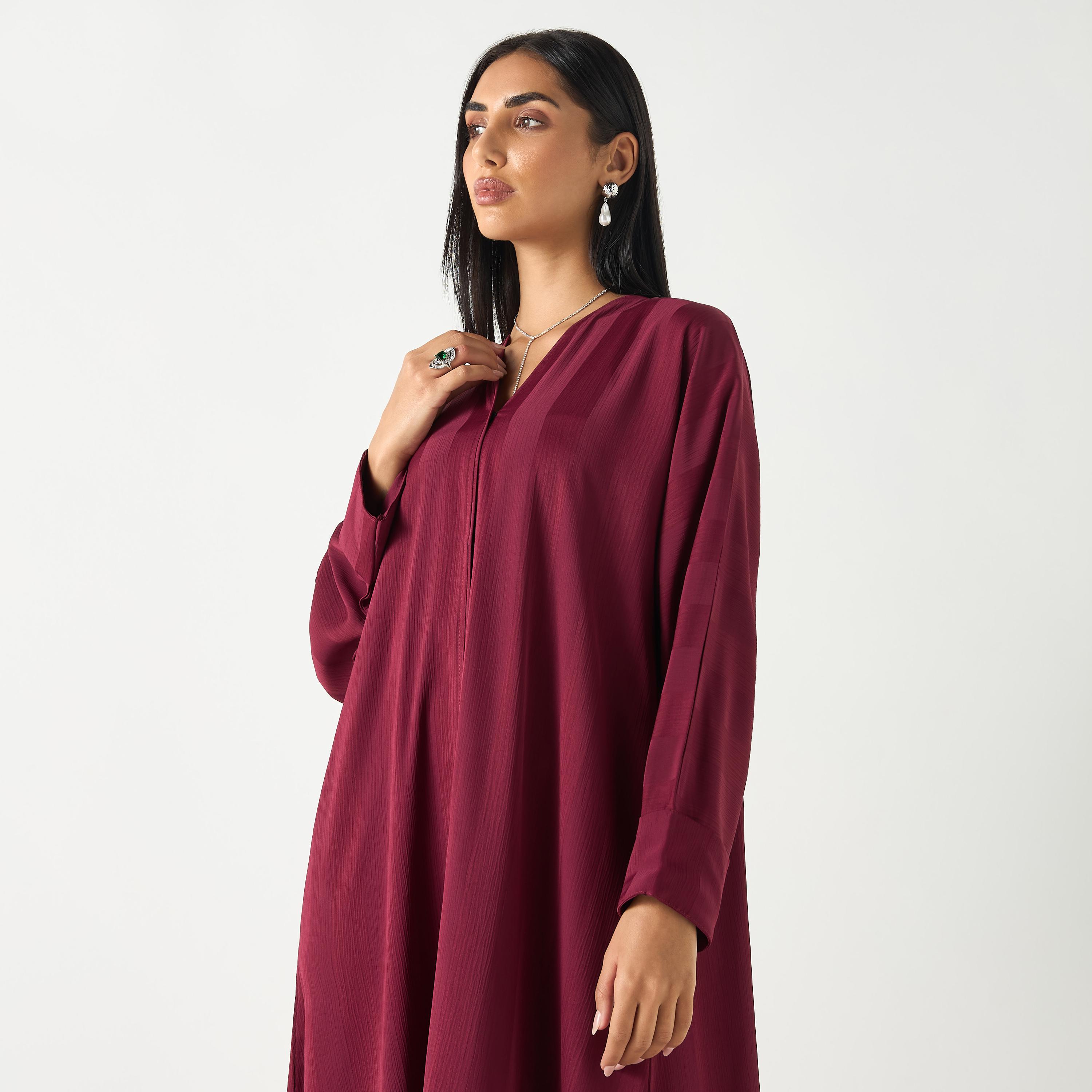 Hadiyath Al Madinah Solid V-neck Abaya-women-arabicclothing-abayas-image-2