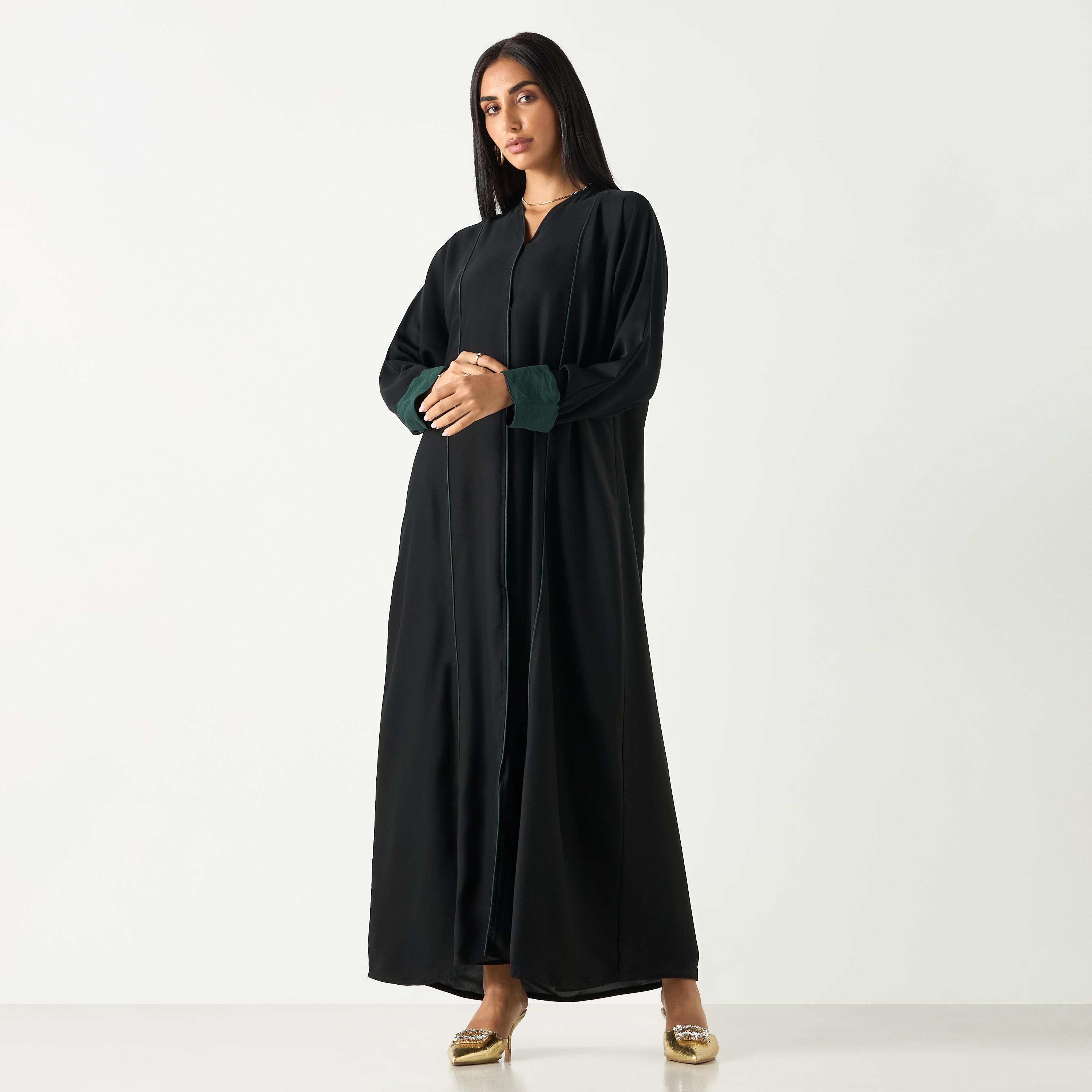 Hadiyath Al Madinah Solid V-neck Abaya with Hijab-women-arabicclothing-abayas-image-1