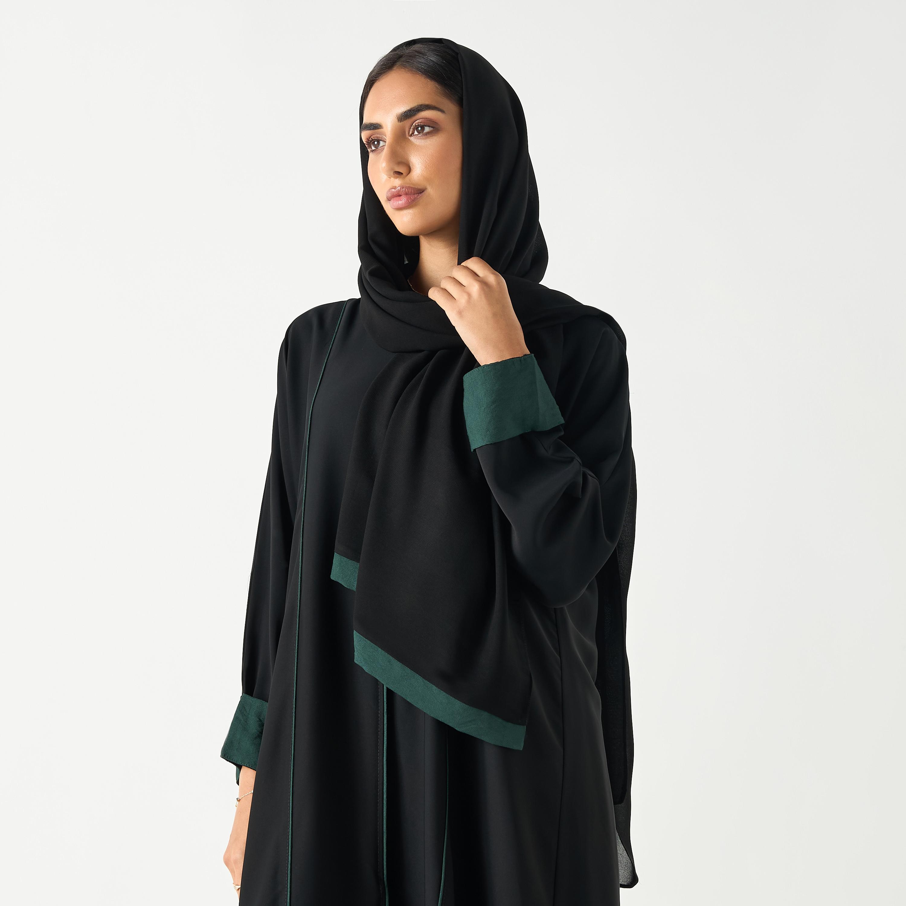 Hadiyath Al Madinah Solid V-neck Abaya with Hijab-women-arabicclothing-abayas-image-2