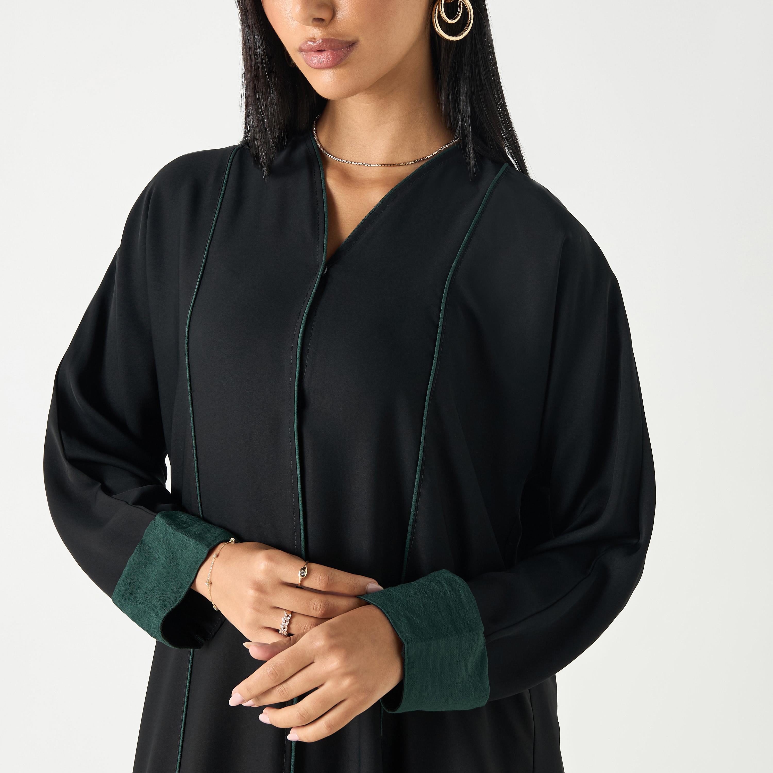 Hadiyath Al Madinah Solid V-neck Abaya with Hijab-women-arabicclothing-abayas-image-3