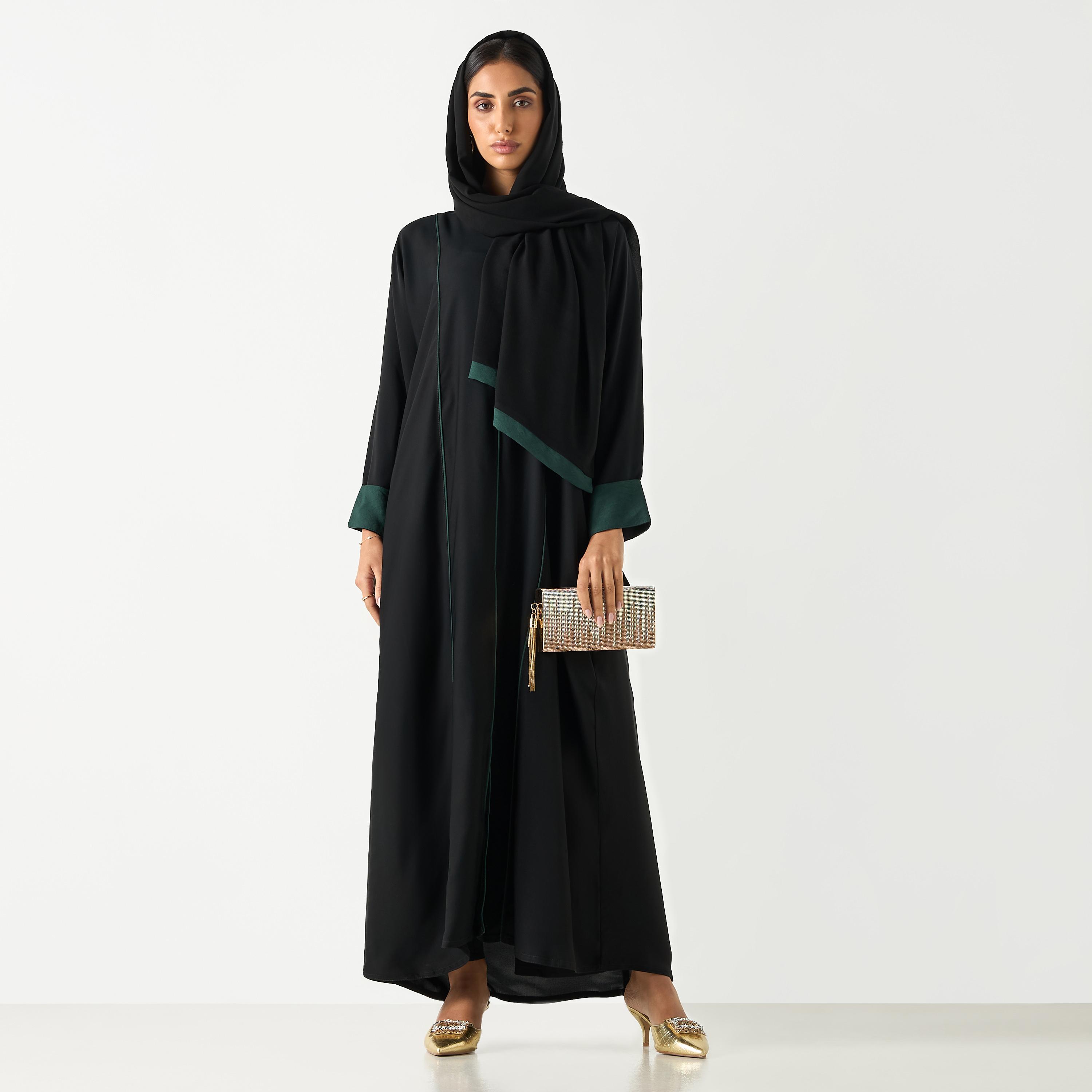 Hadiyath Al Madinah Solid V-neck Abaya with Hijab-women-arabicclothing-abayas-image-4