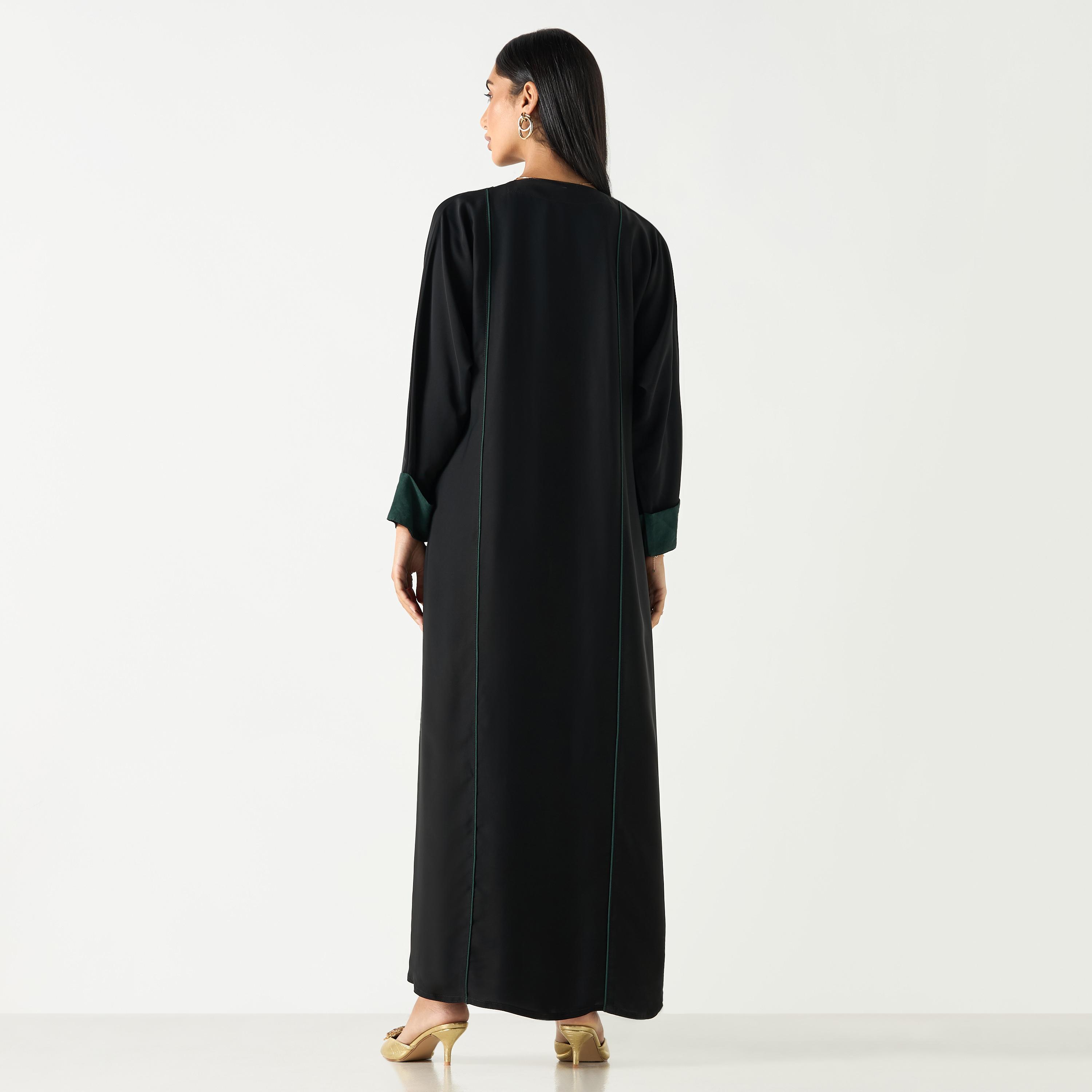 Hadiyath Al Madinah Solid V-neck Abaya with Hijab-women-arabicclothing-abayas-image-5