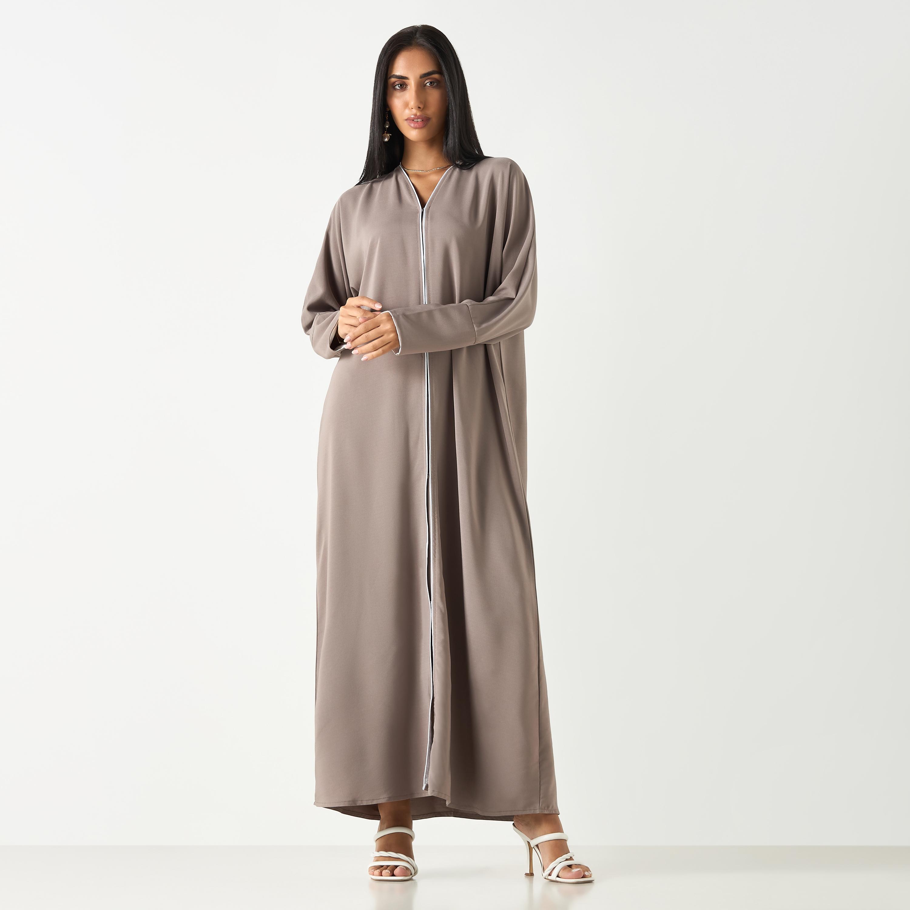 Hadiyath Al Madinah Solid V-neck Abaya with Hijab-women-arabicclothing-abayas-image-1
